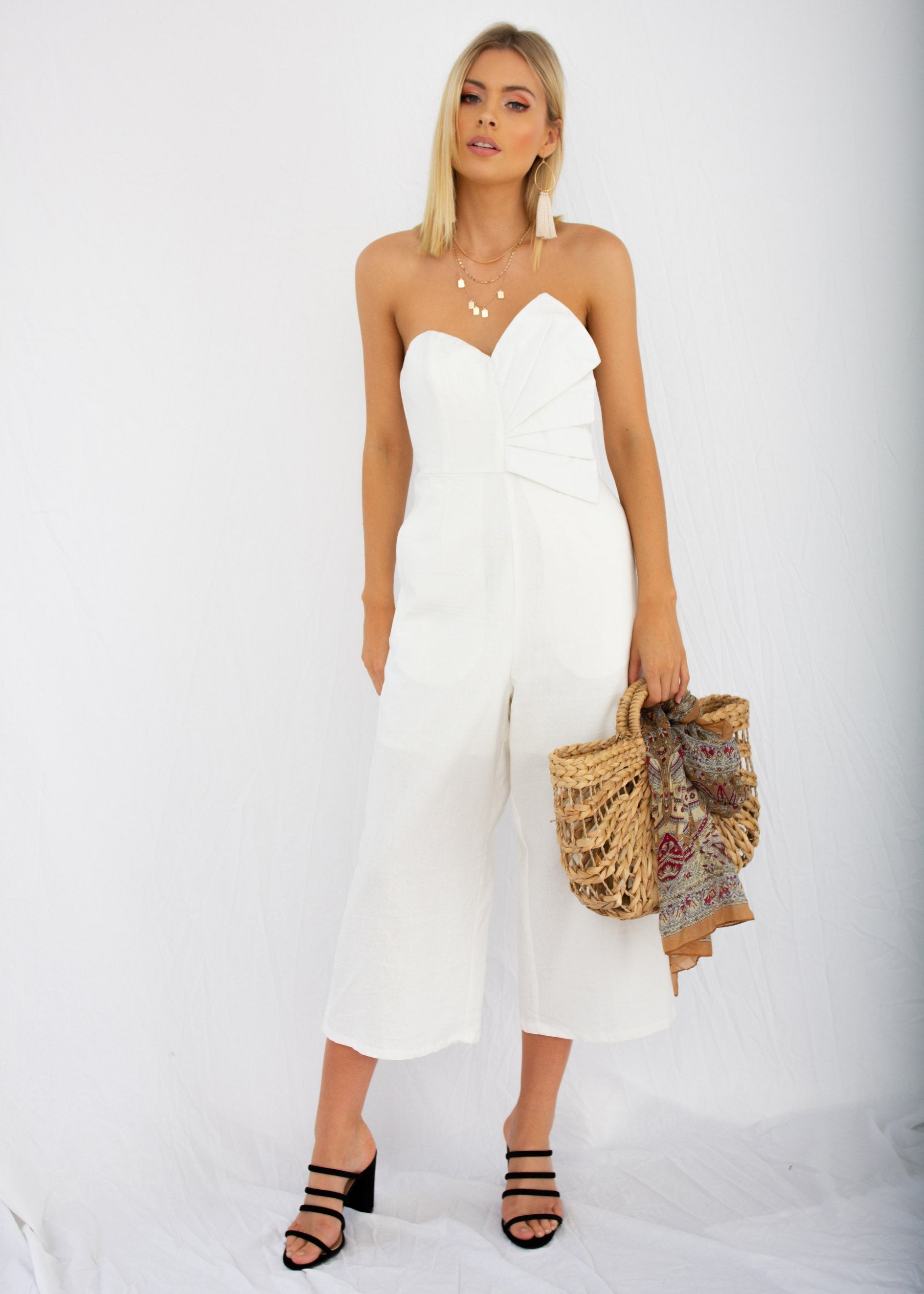Rapid Fire Linen Strapless Pantsuit - White
