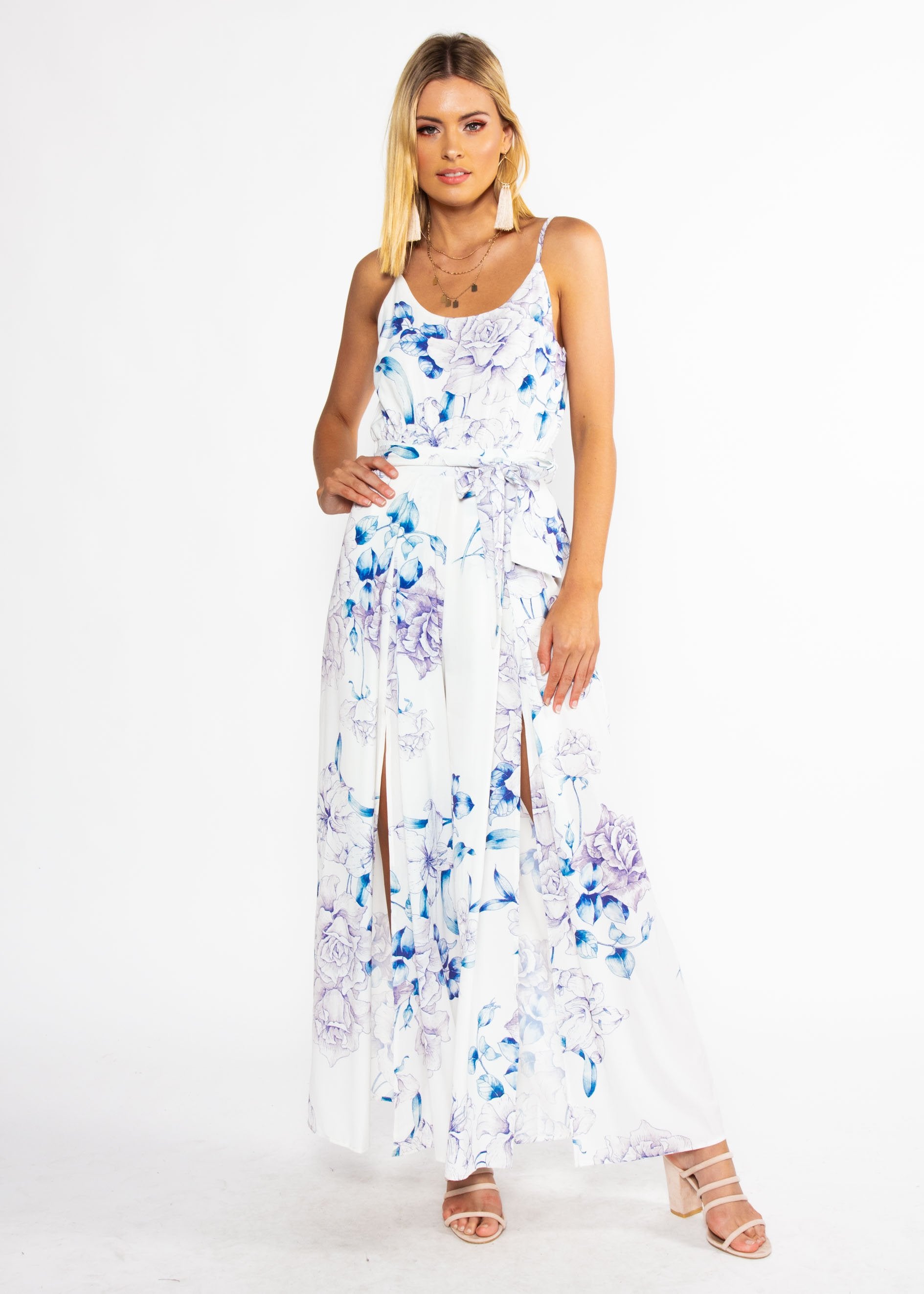 Electric Feeling Pantsuit w/ Tie - White Floral