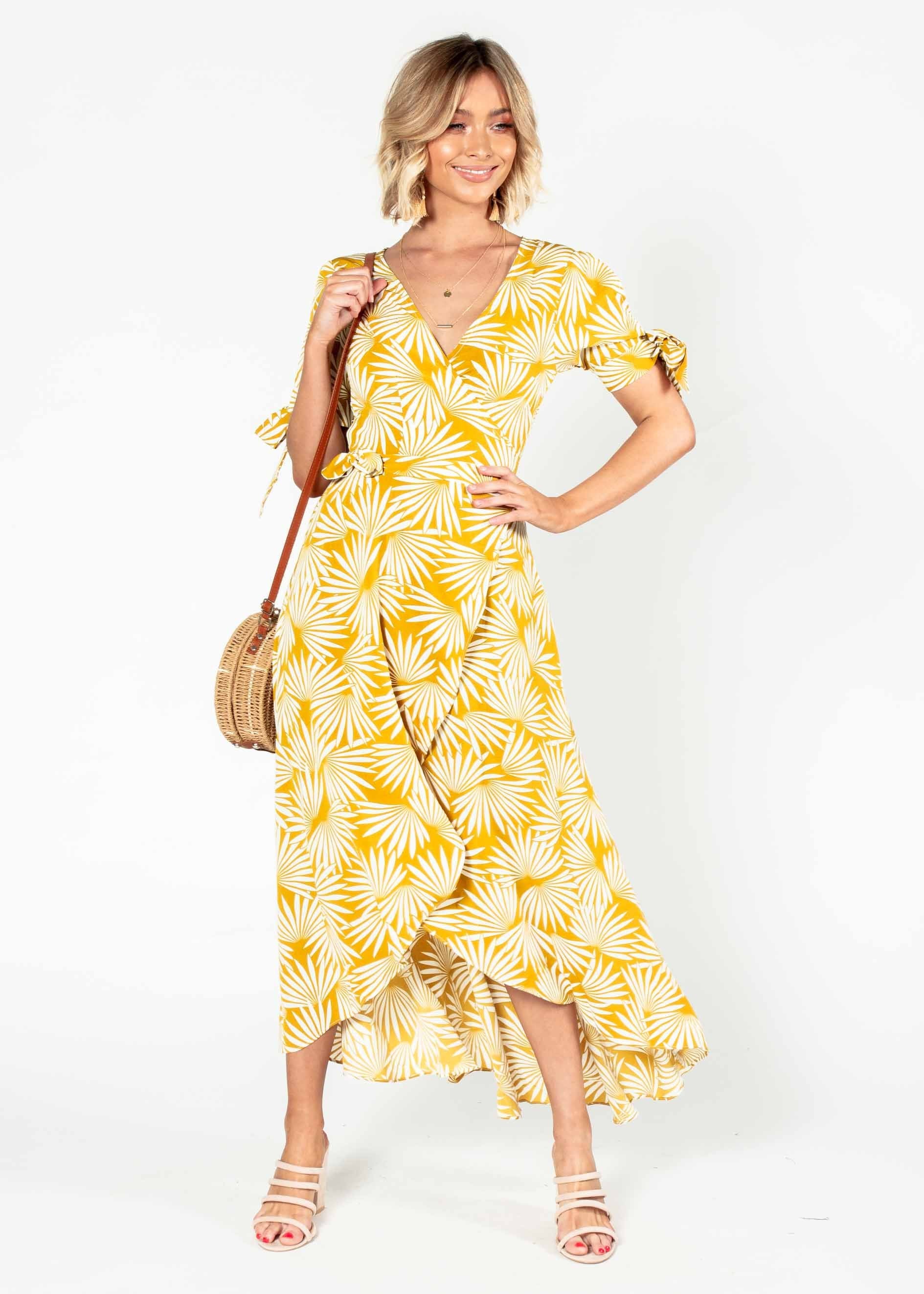 Golden Rule Wrap Midi Dress - Mustard Palms