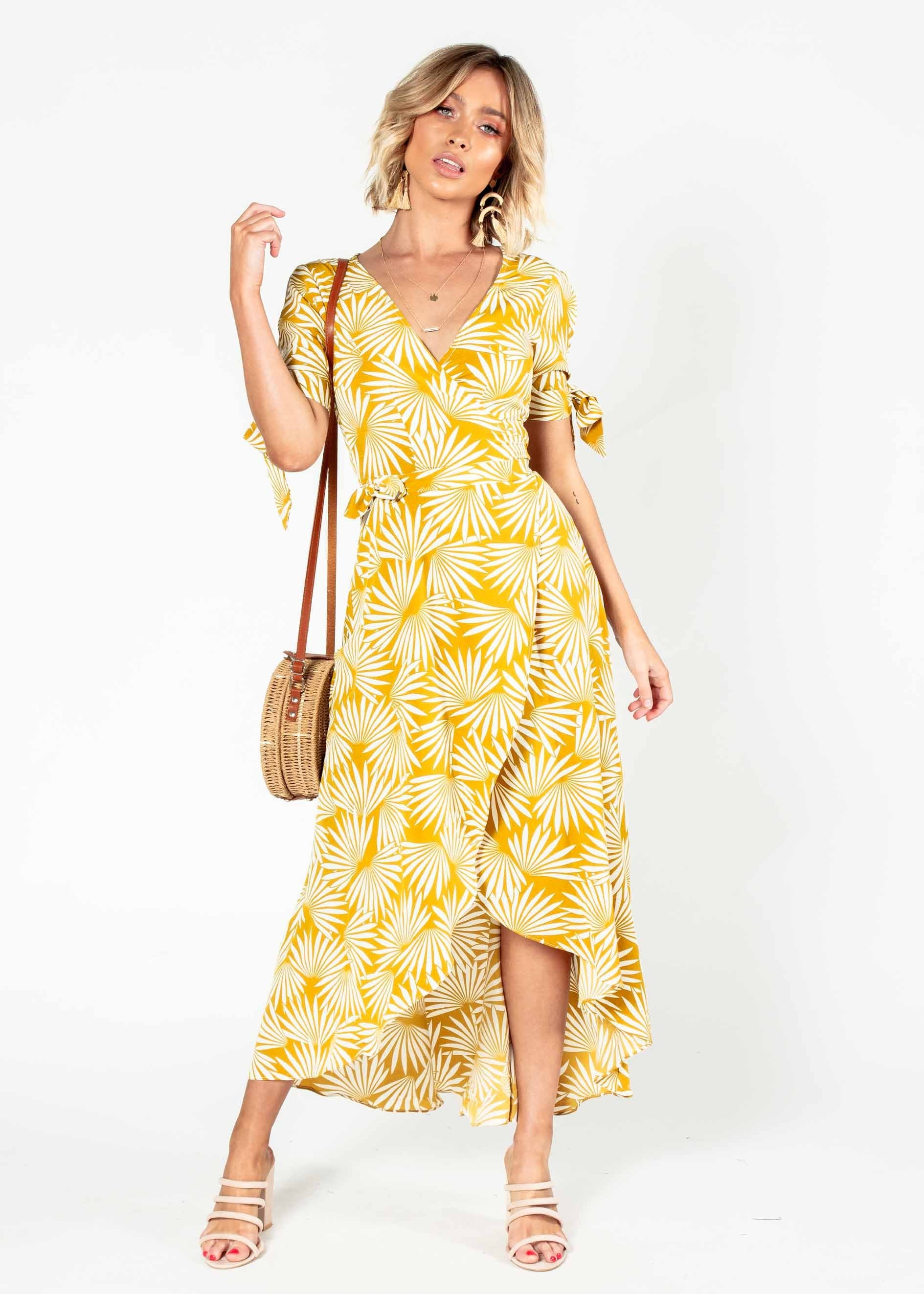 Golden Rule Wrap Midi Dress - Mustard Palms