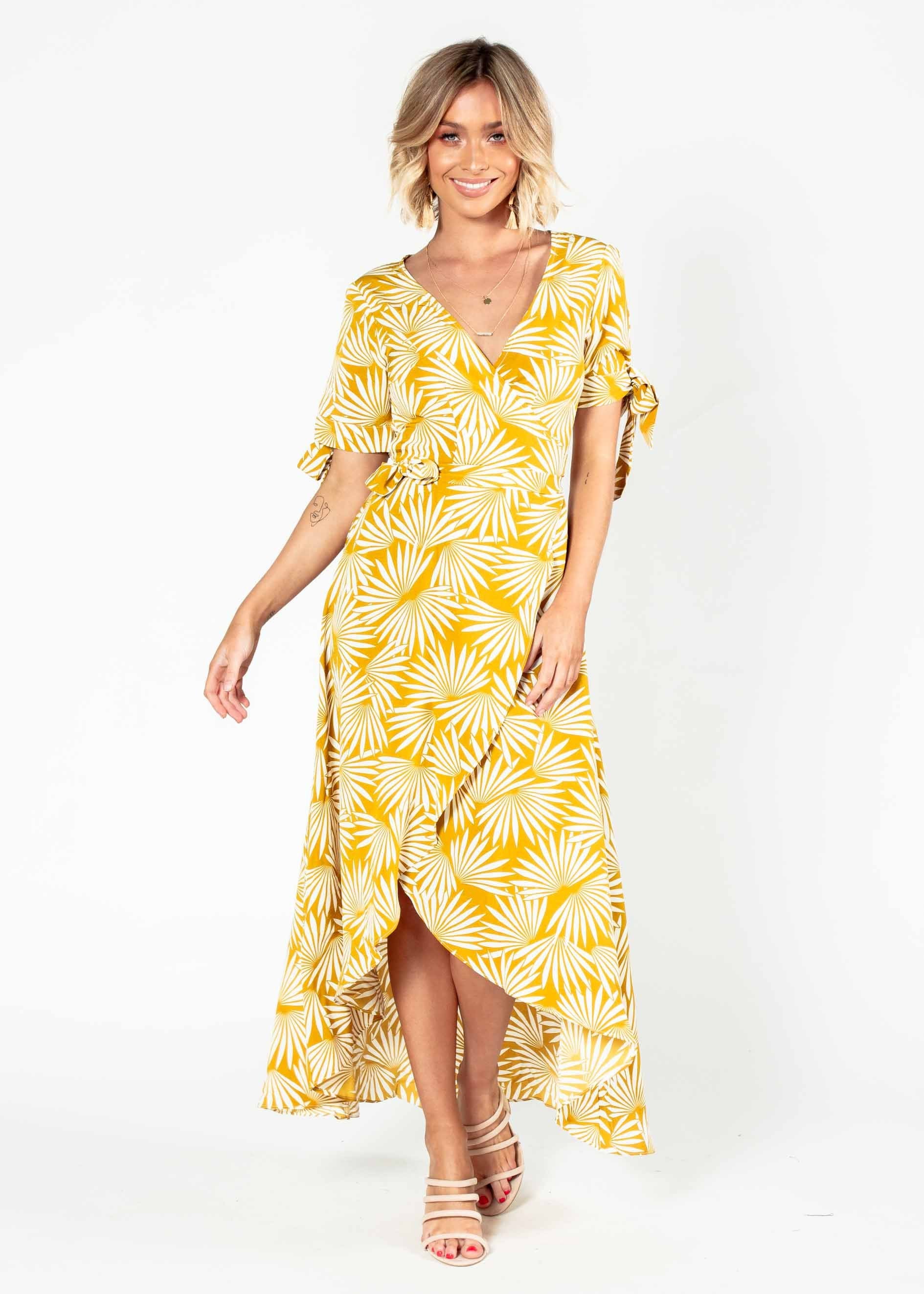 Golden Rule Wrap Midi Dress - Mustard Palms
