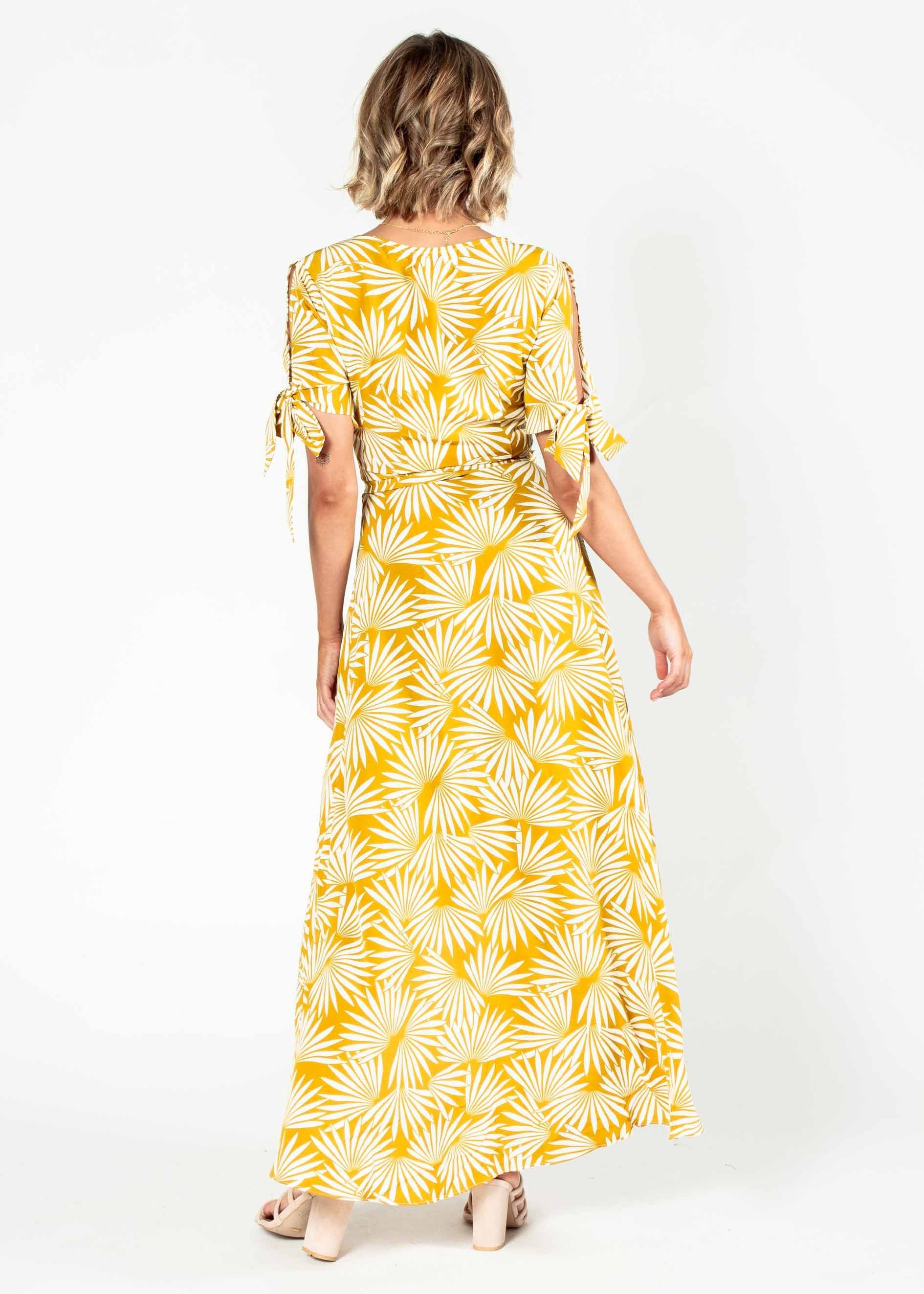 Golden Rule Wrap Midi Dress - Mustard Palms
