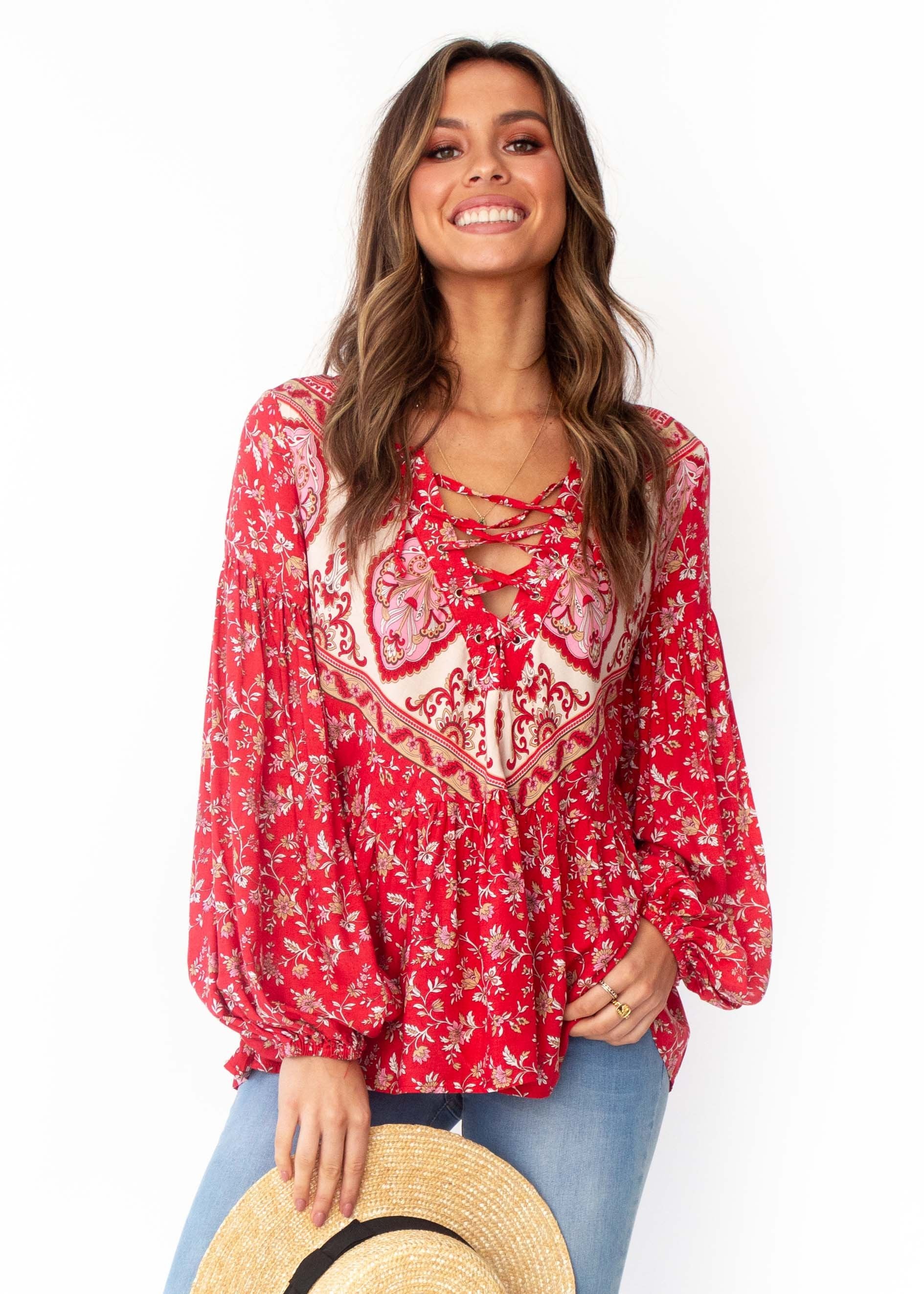 Women's Calm Waves Boho Peasant Blouse  - Mumbai - Red Floral