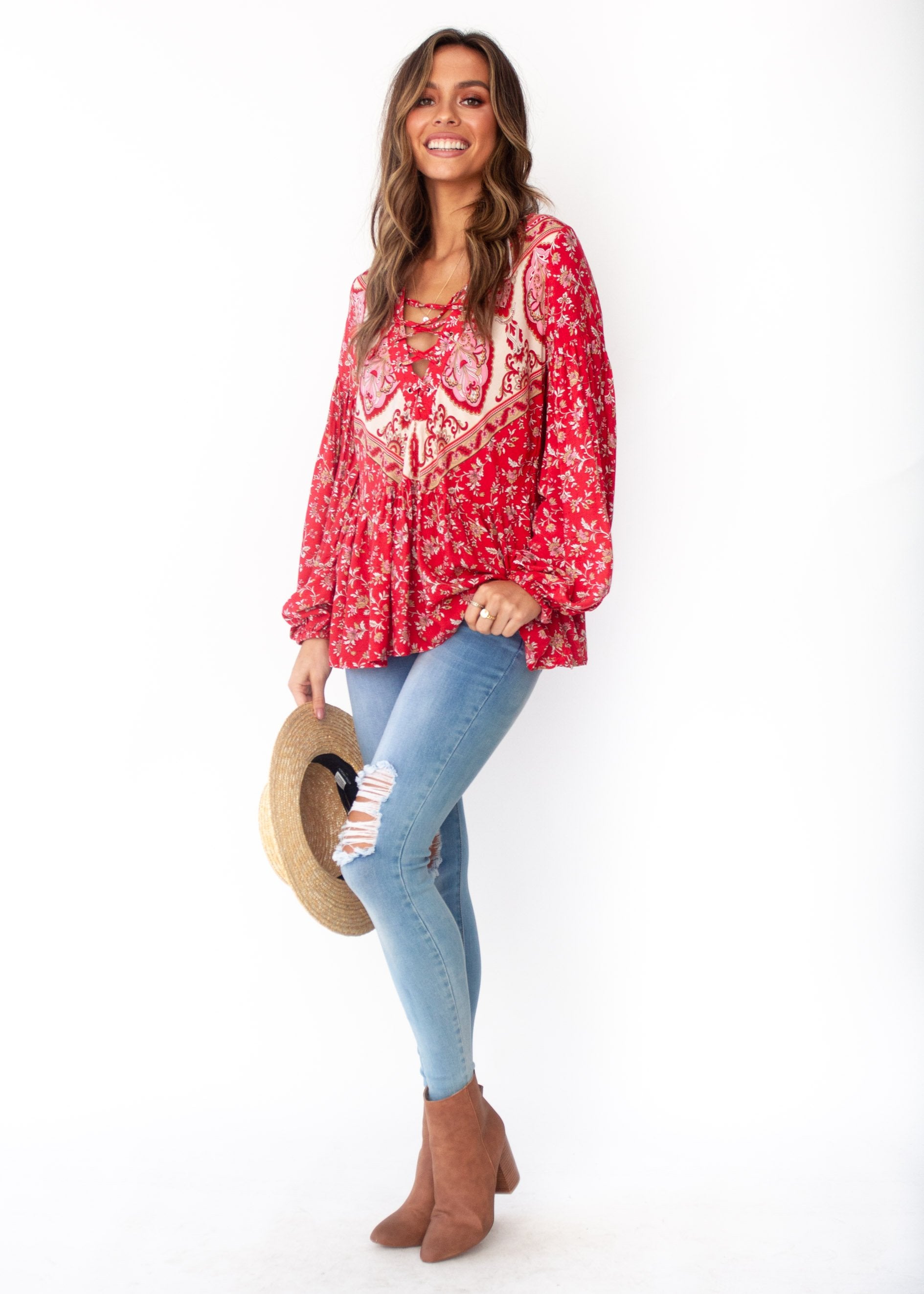 Calm Waves Boho Peasant Blouse  - Mumbai - Red Floral