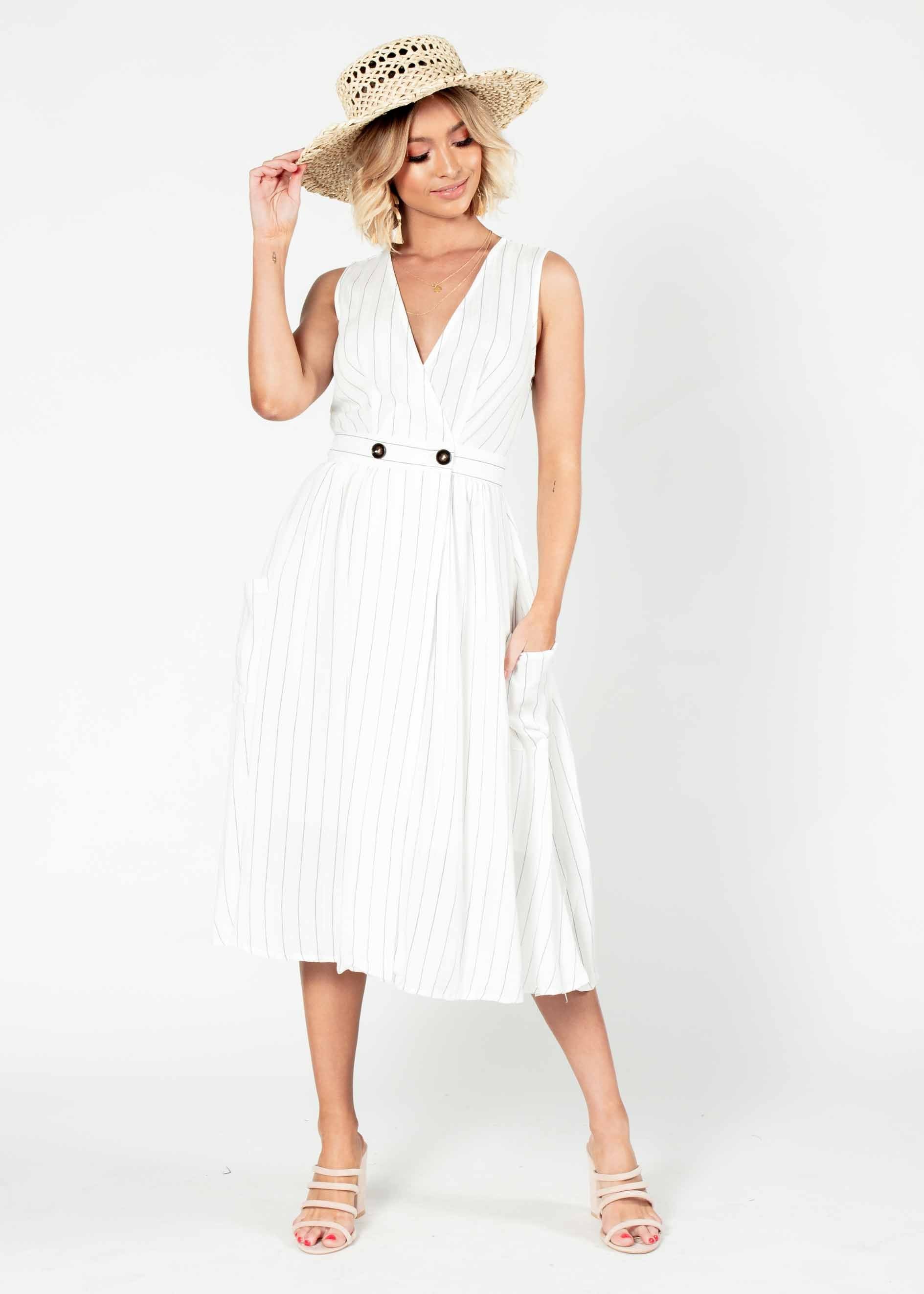 High Road Midi Dress - White Stripe
