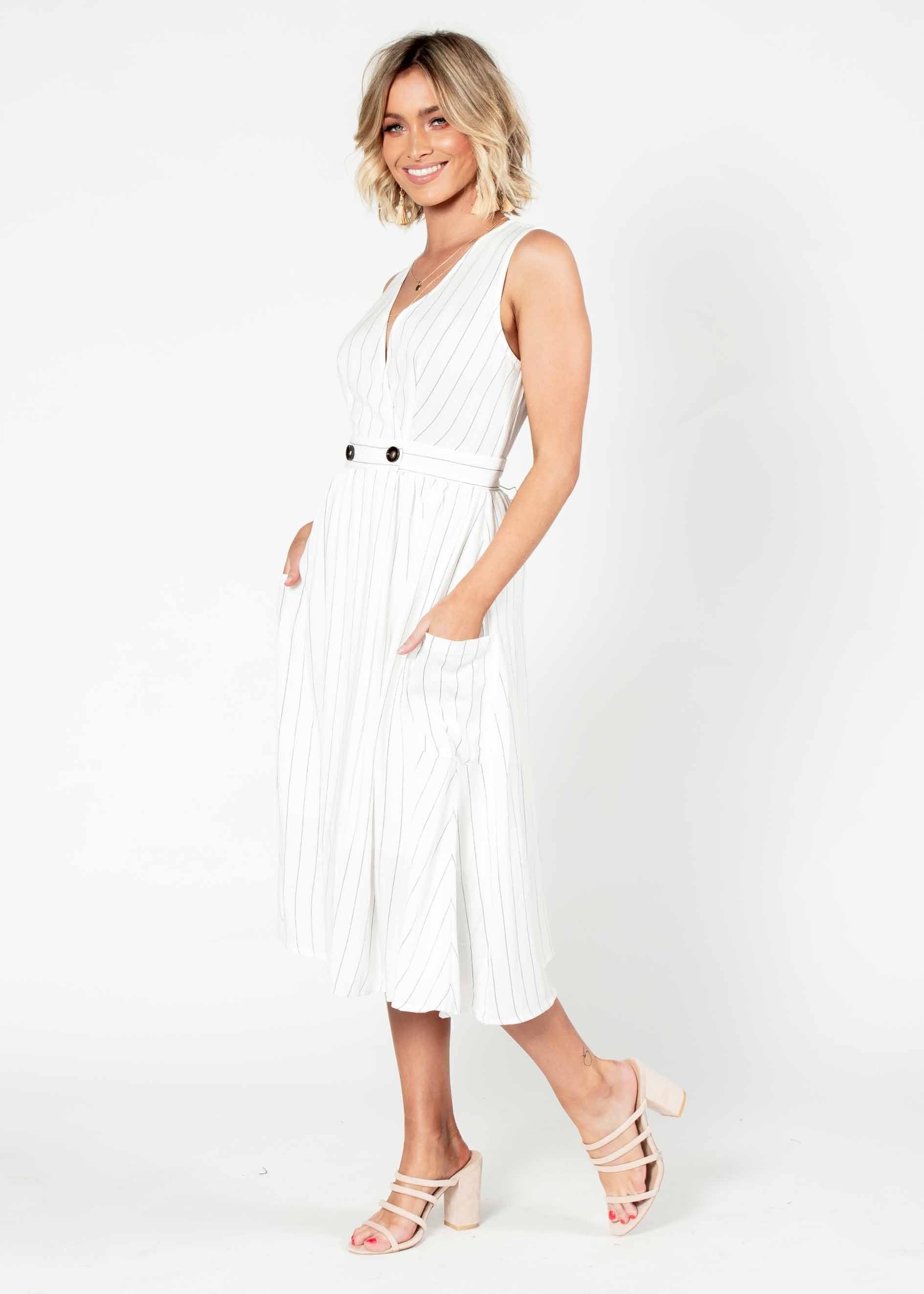 High Road Midi Dress - White Stripe