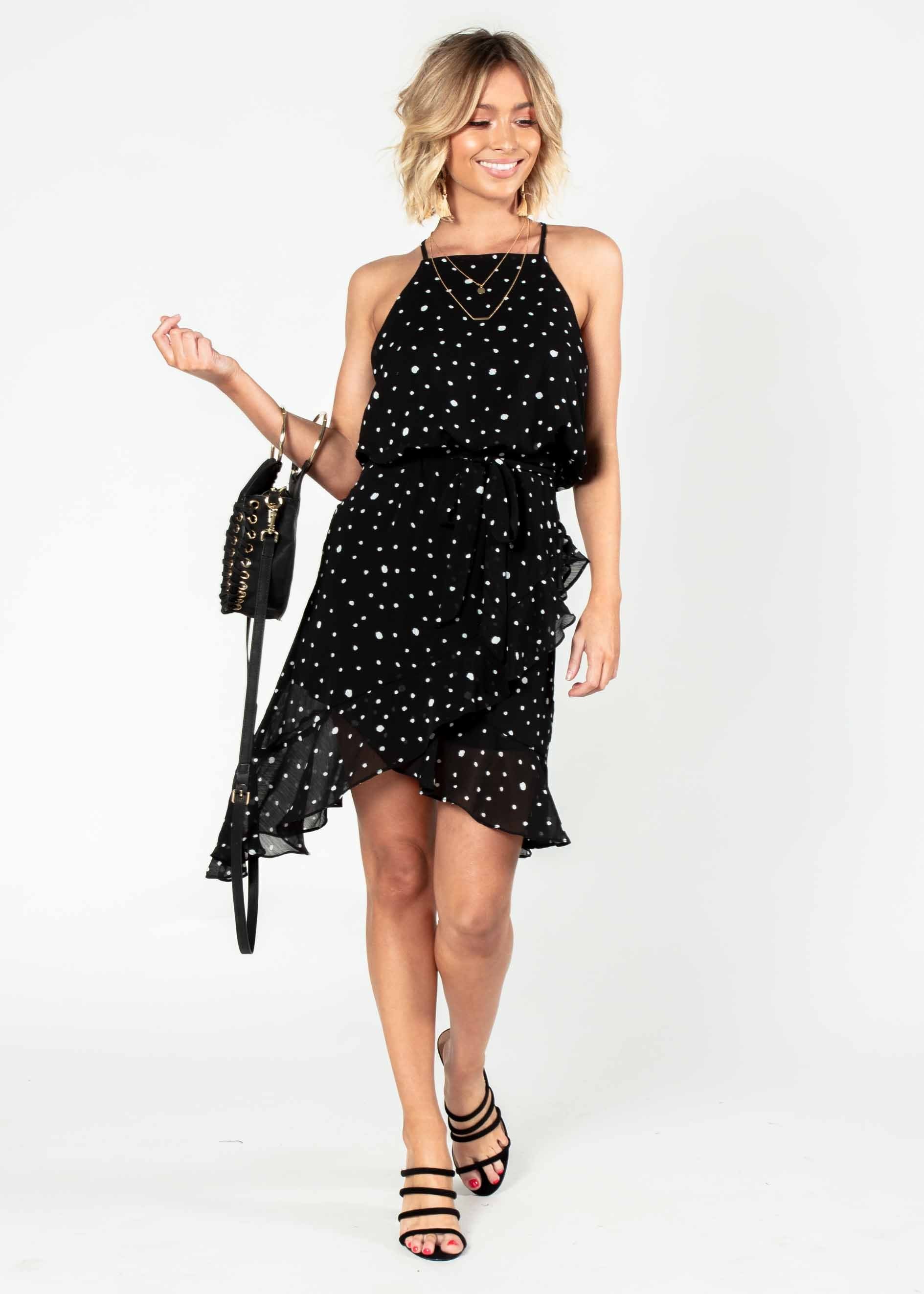 Thalia Dress w/ Tie - Black Spot