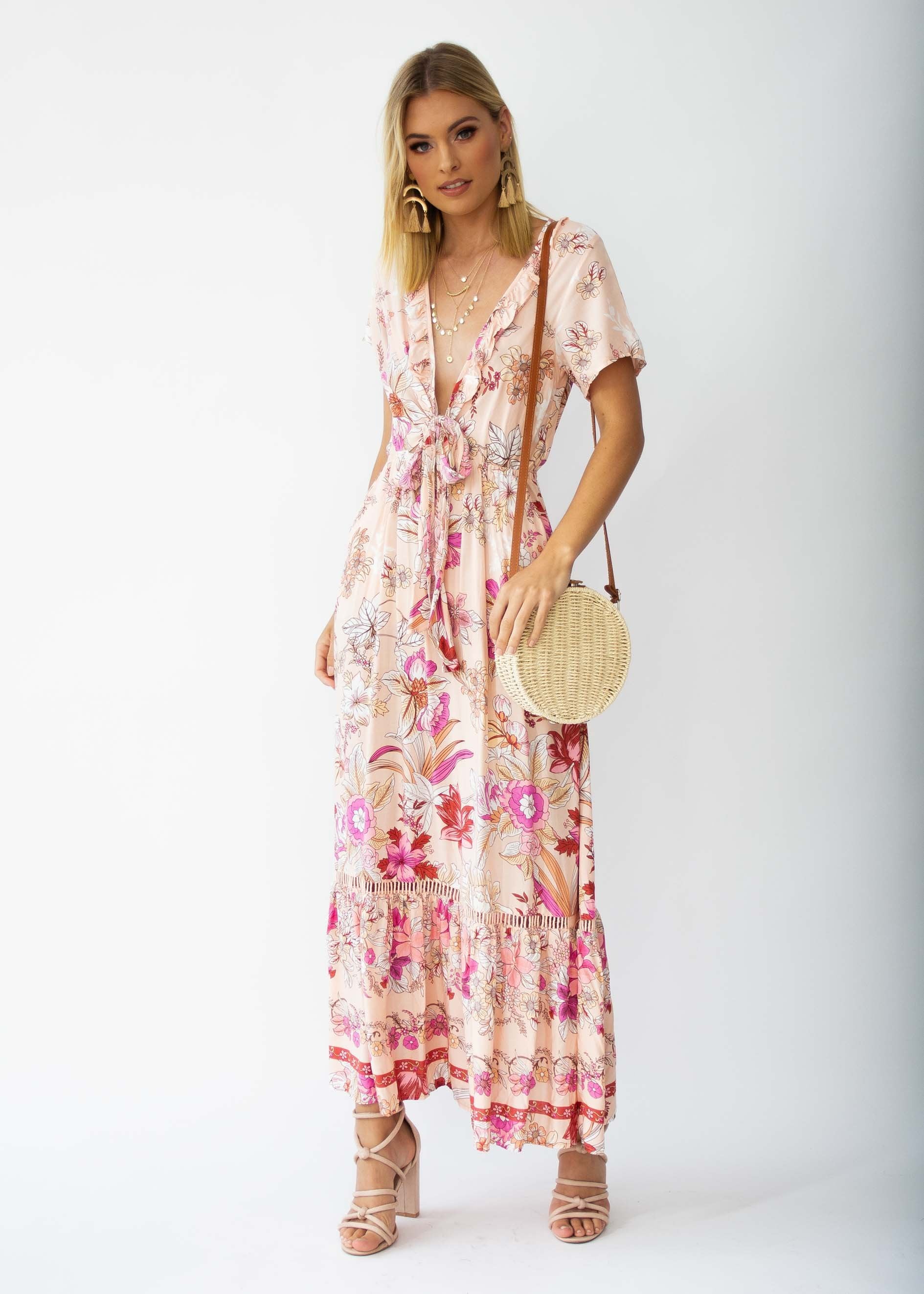 Mabel Tie Maxi Dress - Soft Peach Floral