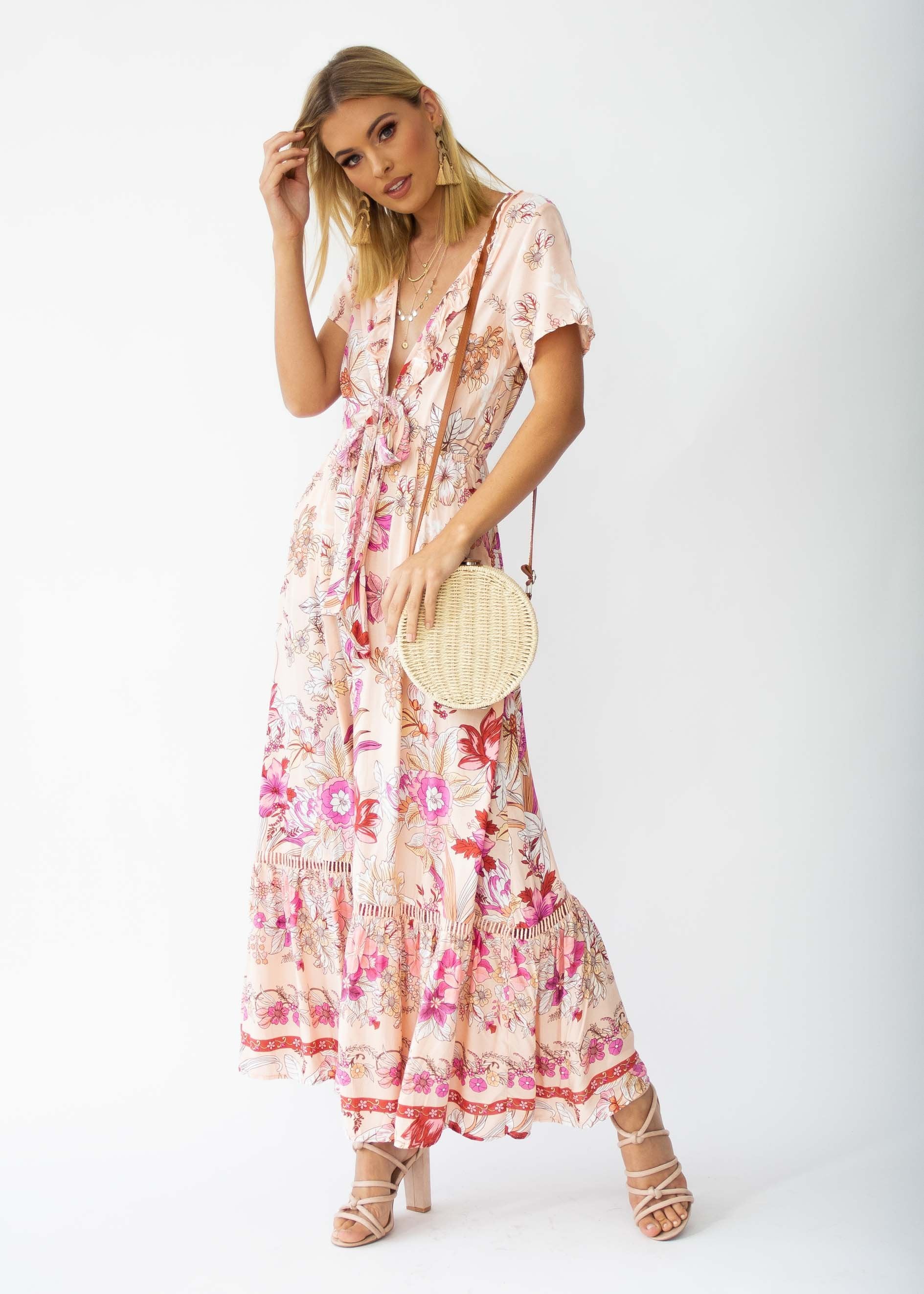 Mabel Tie Maxi Dress - Soft Peach Floral