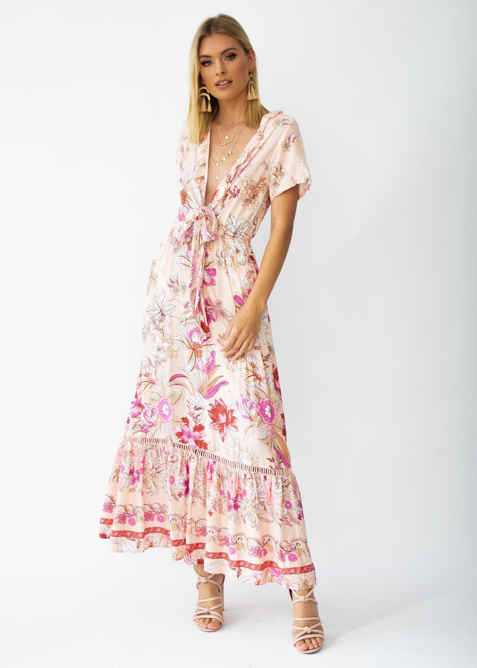 Mabel Tie Maxi Dress - Soft Peach Floral