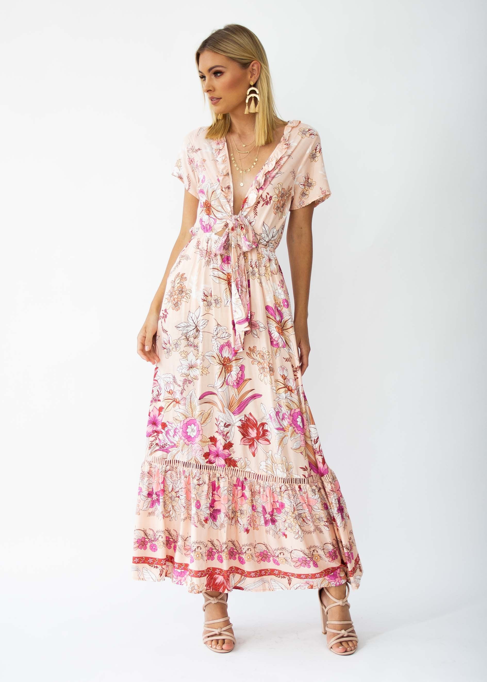 Mabel Tie Maxi Dress - Soft Peach Floral