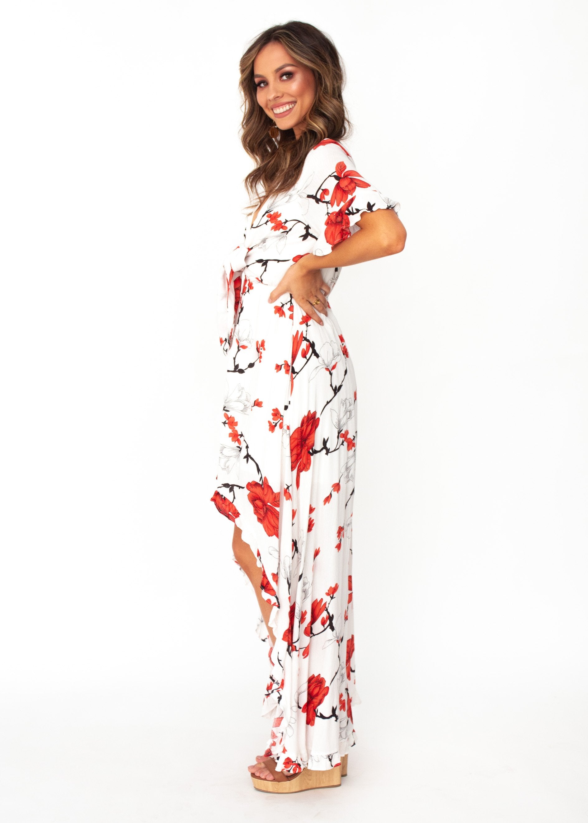 Harmony Tie Hi-Low Midi Dress - White/Red Floral