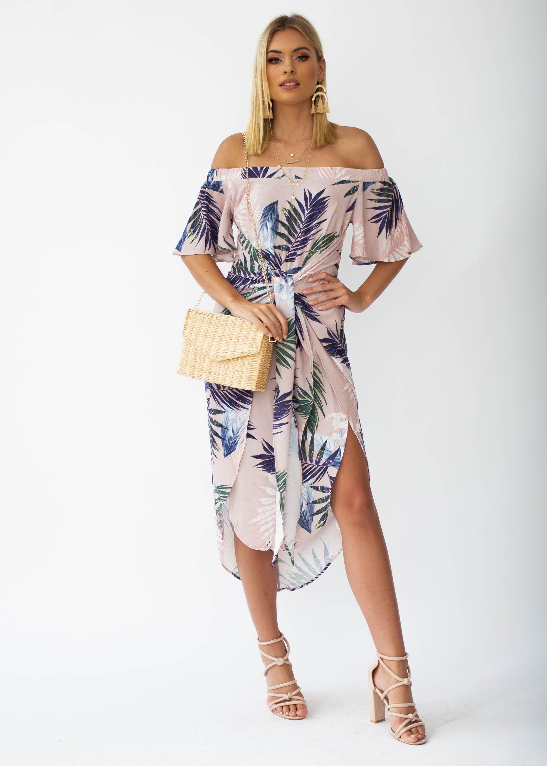 Candid Moment Off Shoulder Midi Dress - Blush Palm