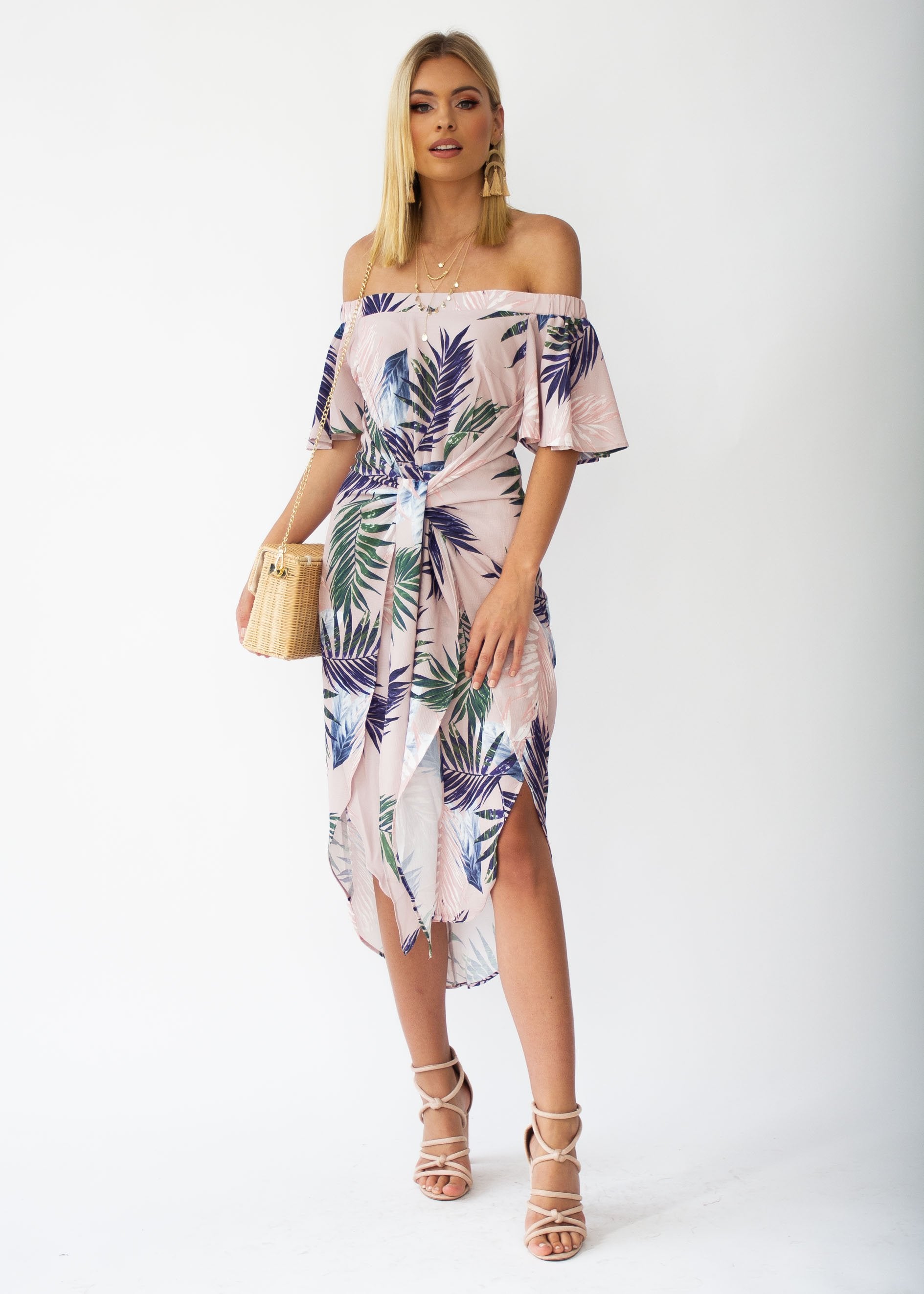 Candid Moment Off Shoulder Midi Dress - Blush Palm