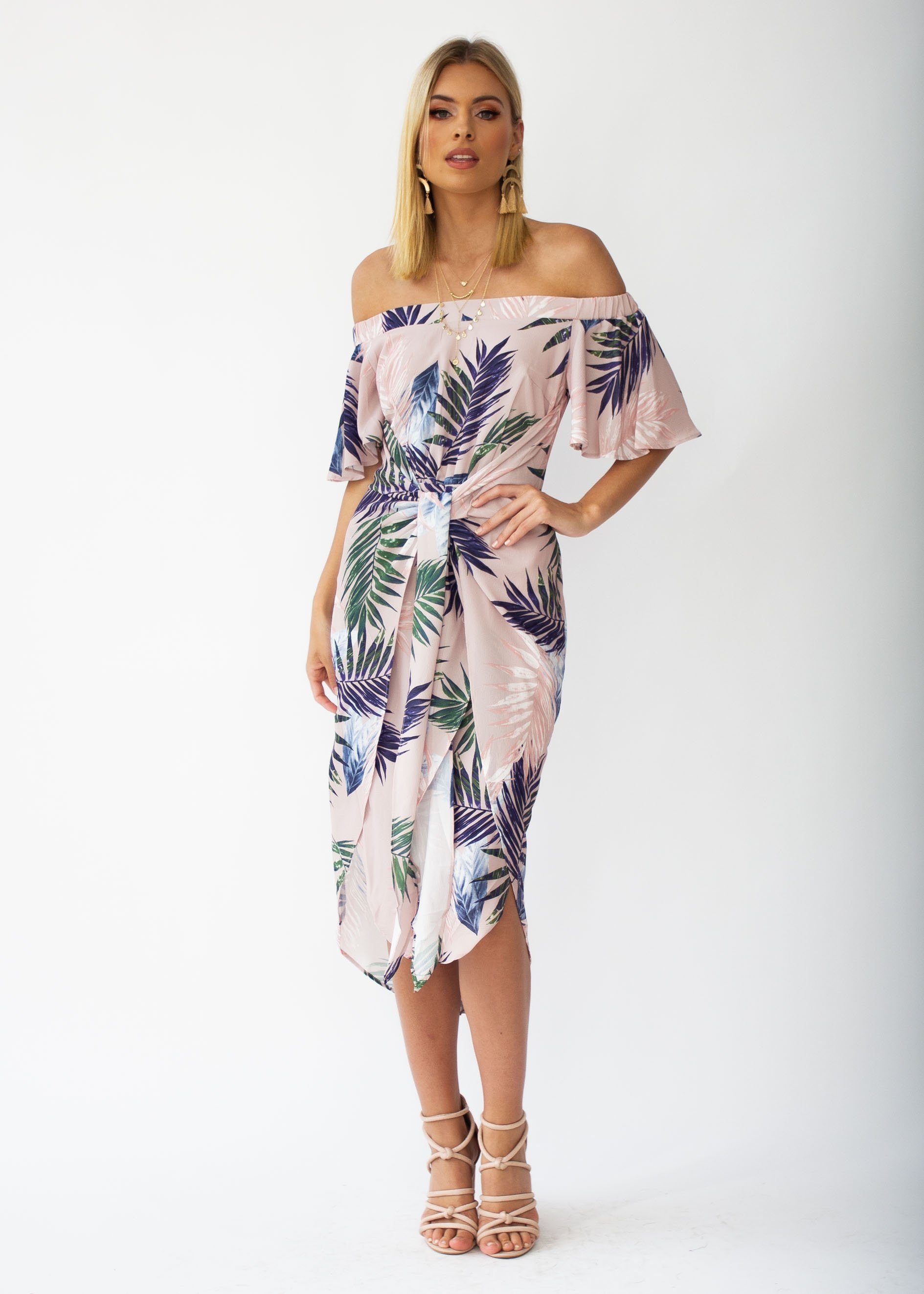 Candid Moment Off Shoulder Midi Dress - Blush Palm
