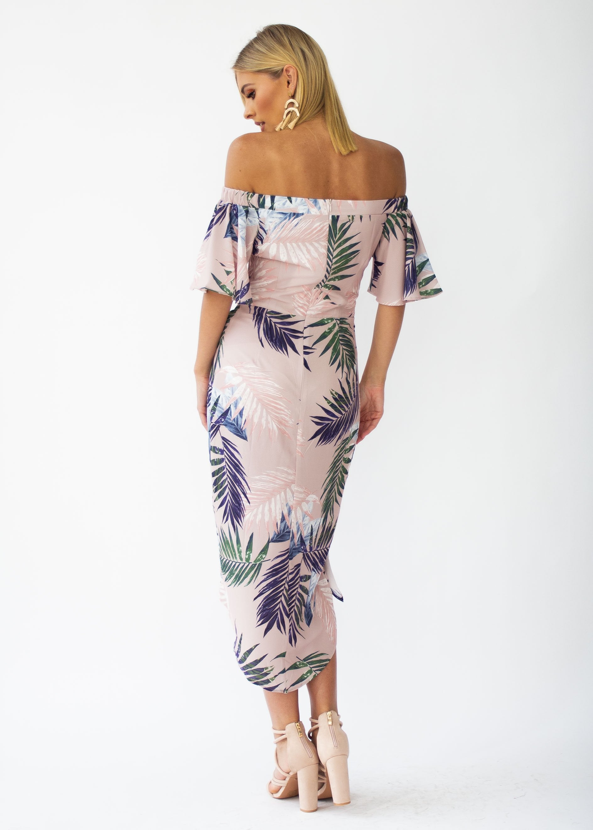 Candid Moment Off Shoulder Midi Dress - Blush Palm