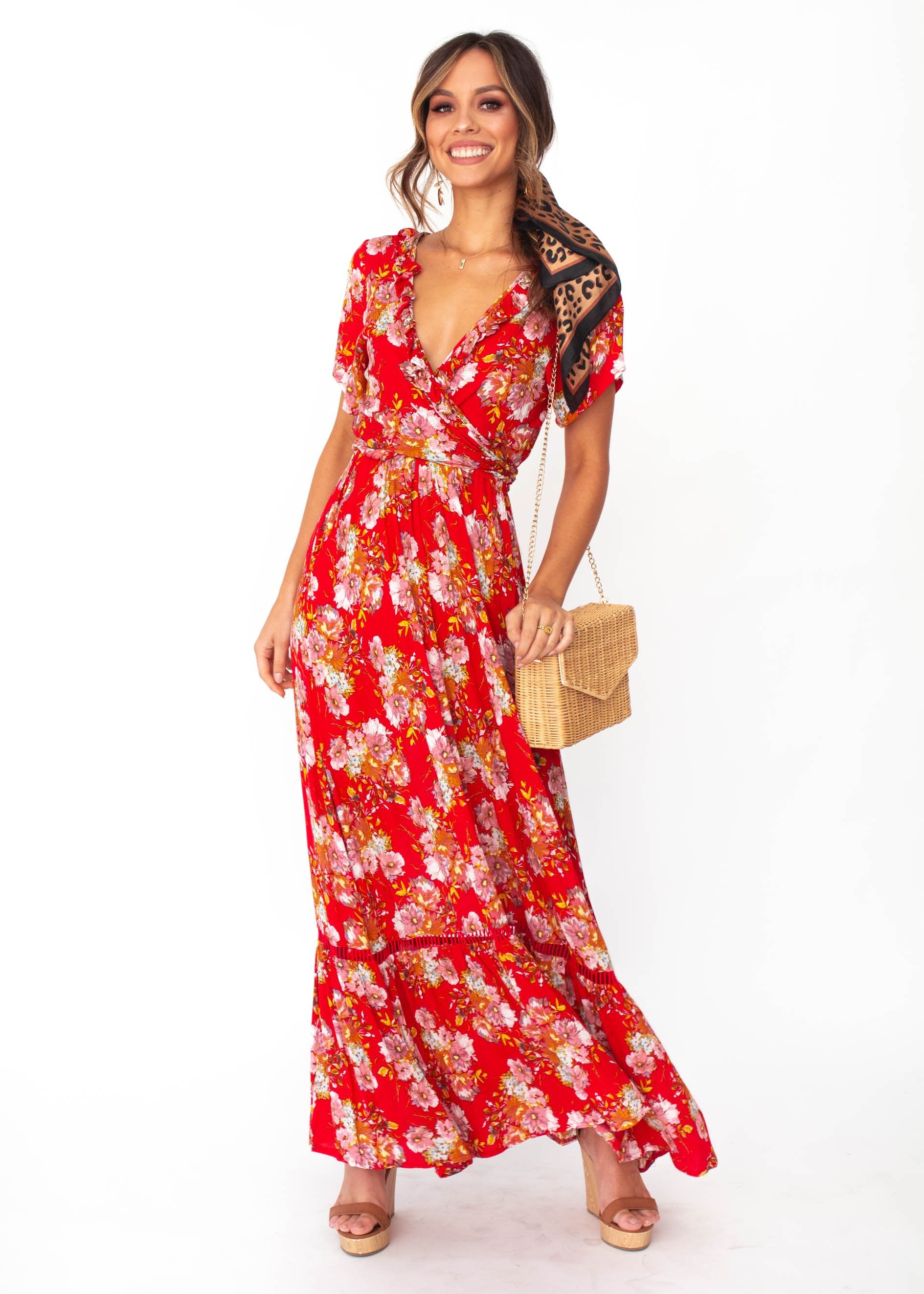 Mabel Tie Maxi Dress - Red Floral