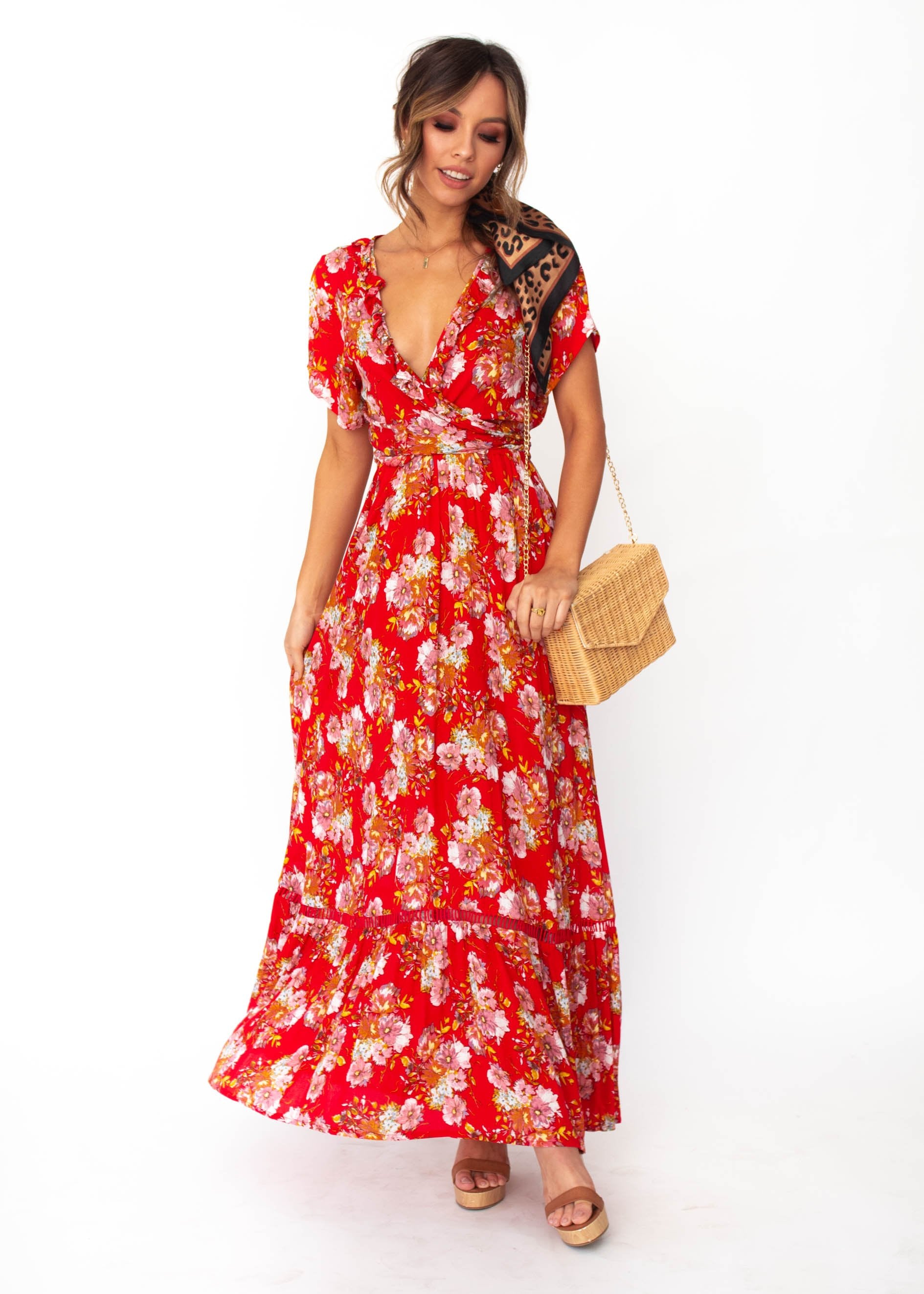 Mabel Tie Maxi Dress - Red Floral