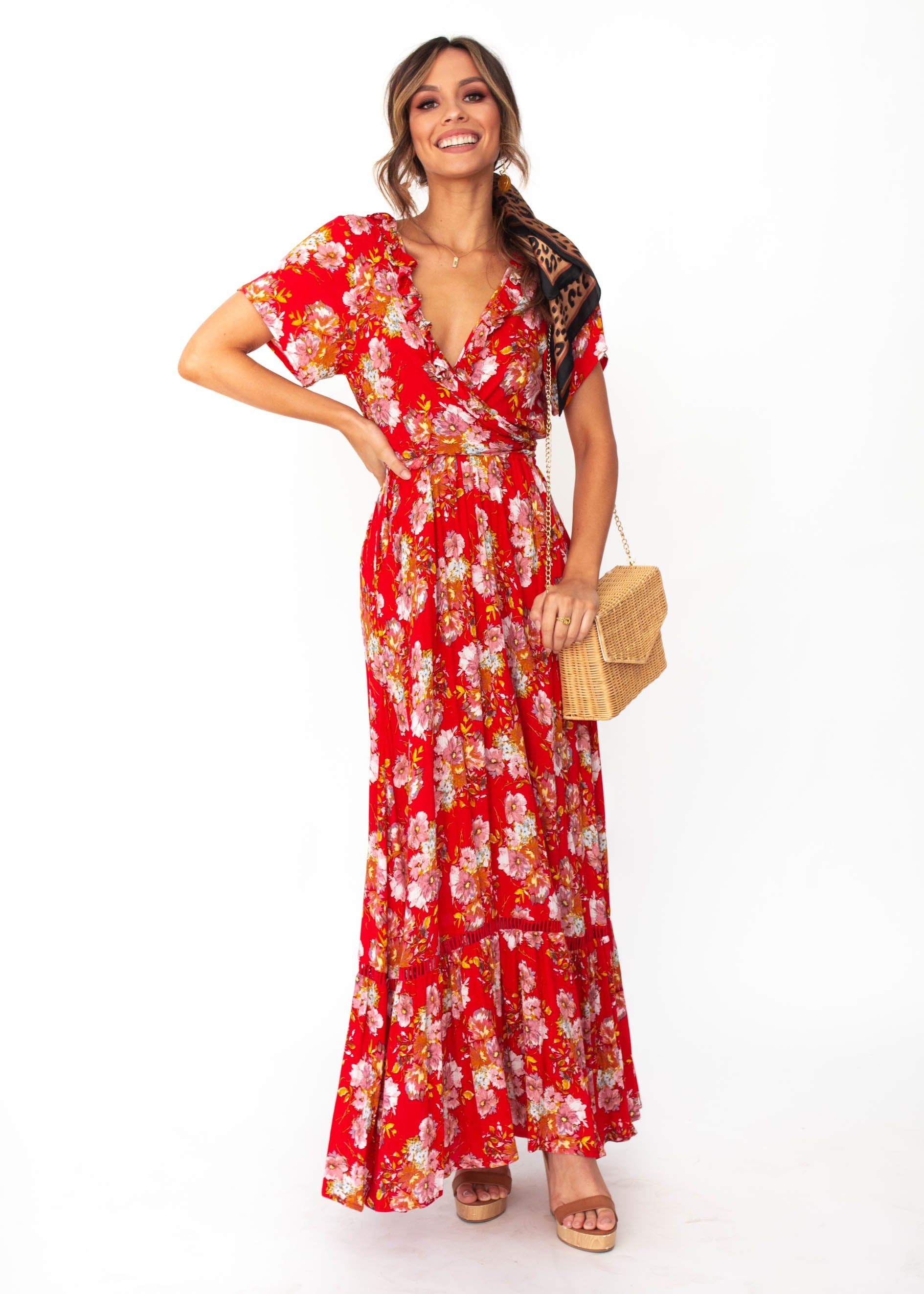 Mabel Tie Maxi Dress - Red Floral
