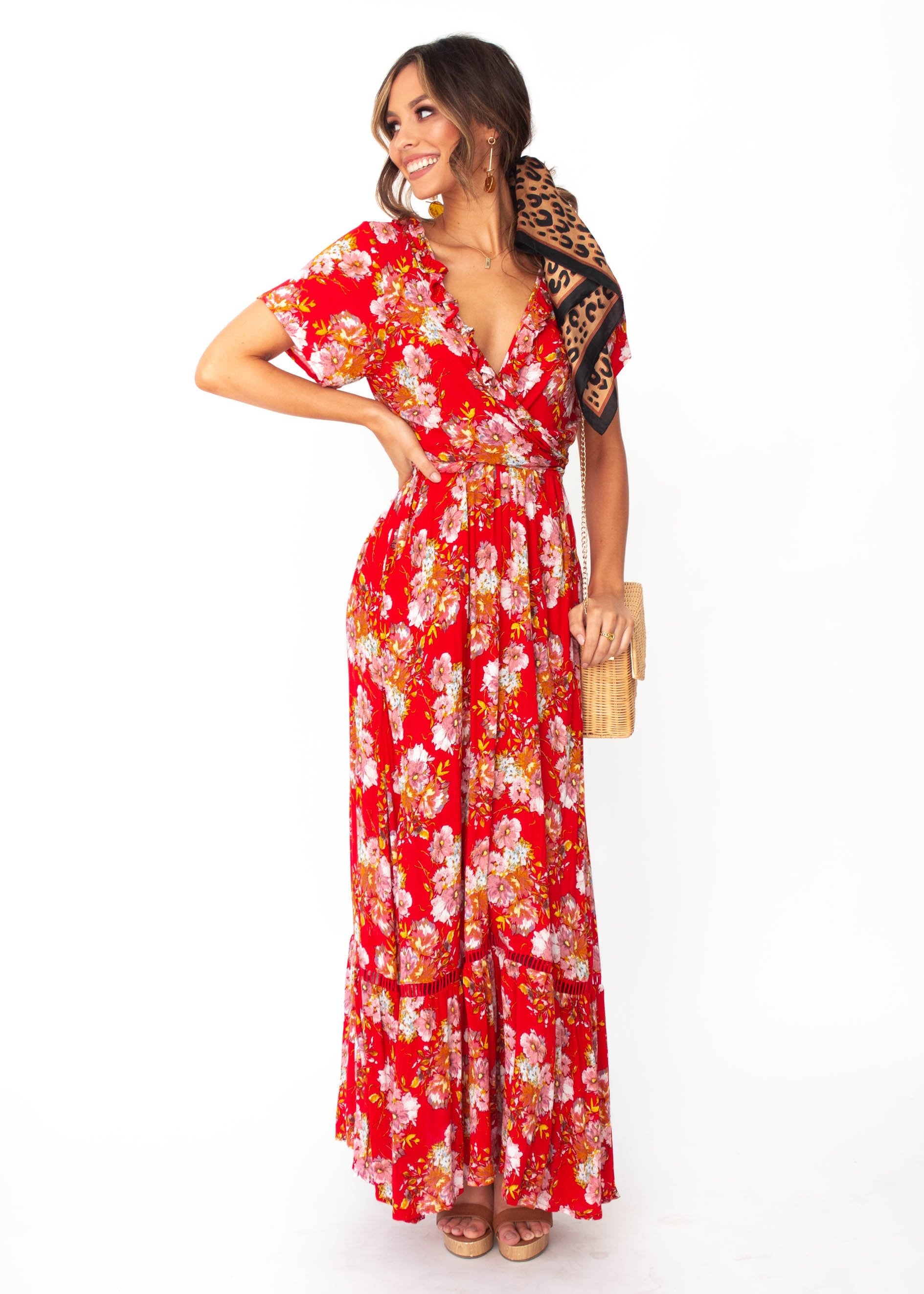 Mabel Tie Maxi Dress - Red Floral