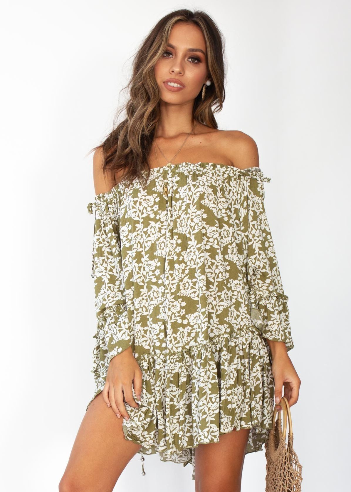 Gracie Off Shoulder Dress - Khaki Floral