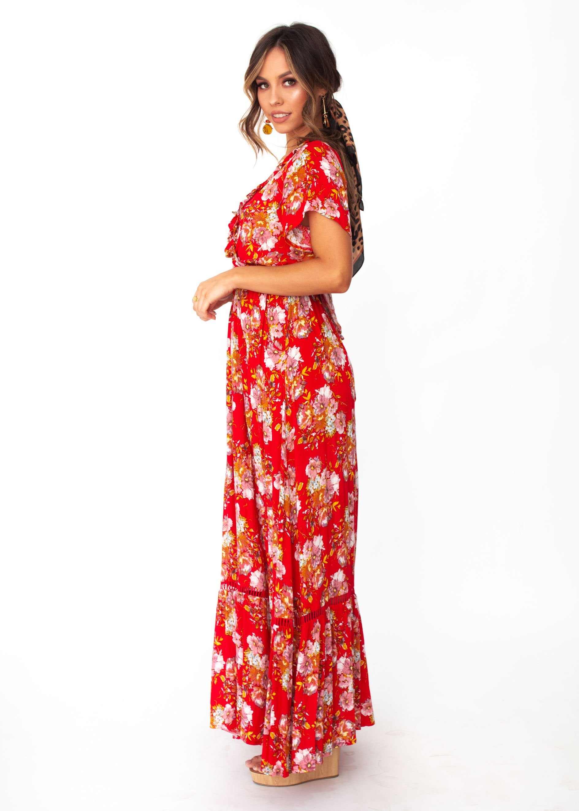 Mabel Tie Maxi Dress - Red Floral