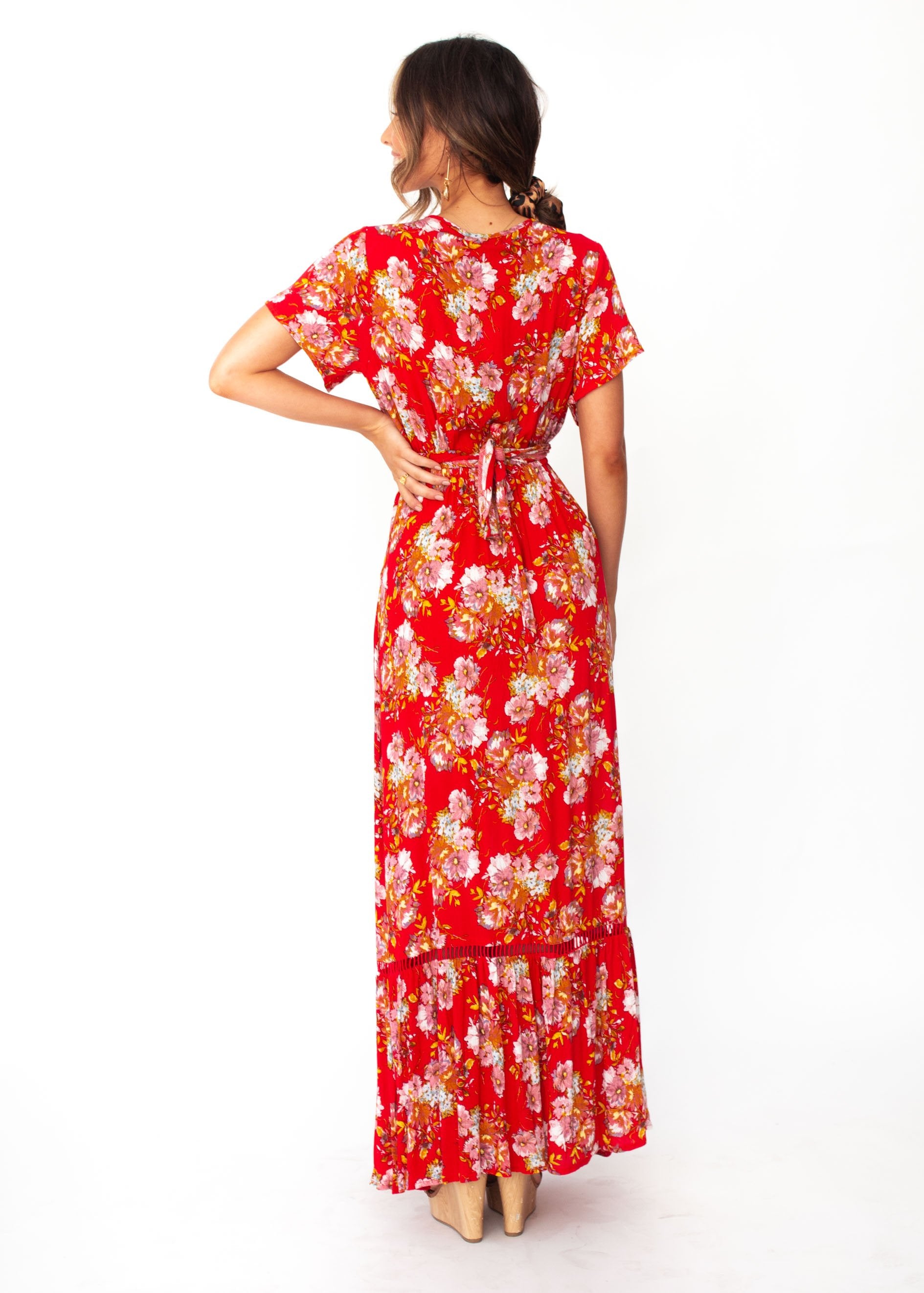 Mabel Tie Maxi Dress - Red Floral