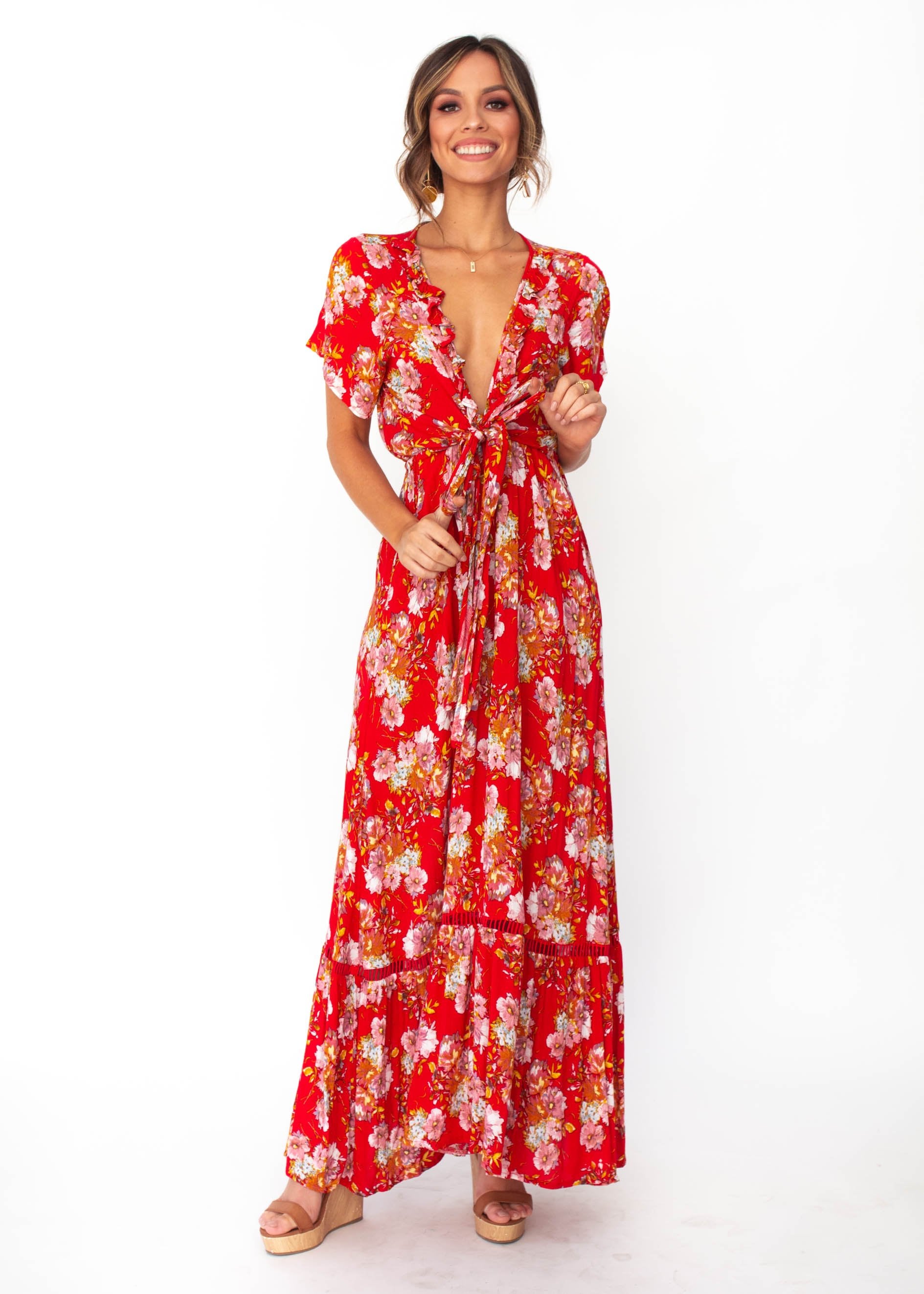 Mabel Tie Maxi Dress - Red Floral