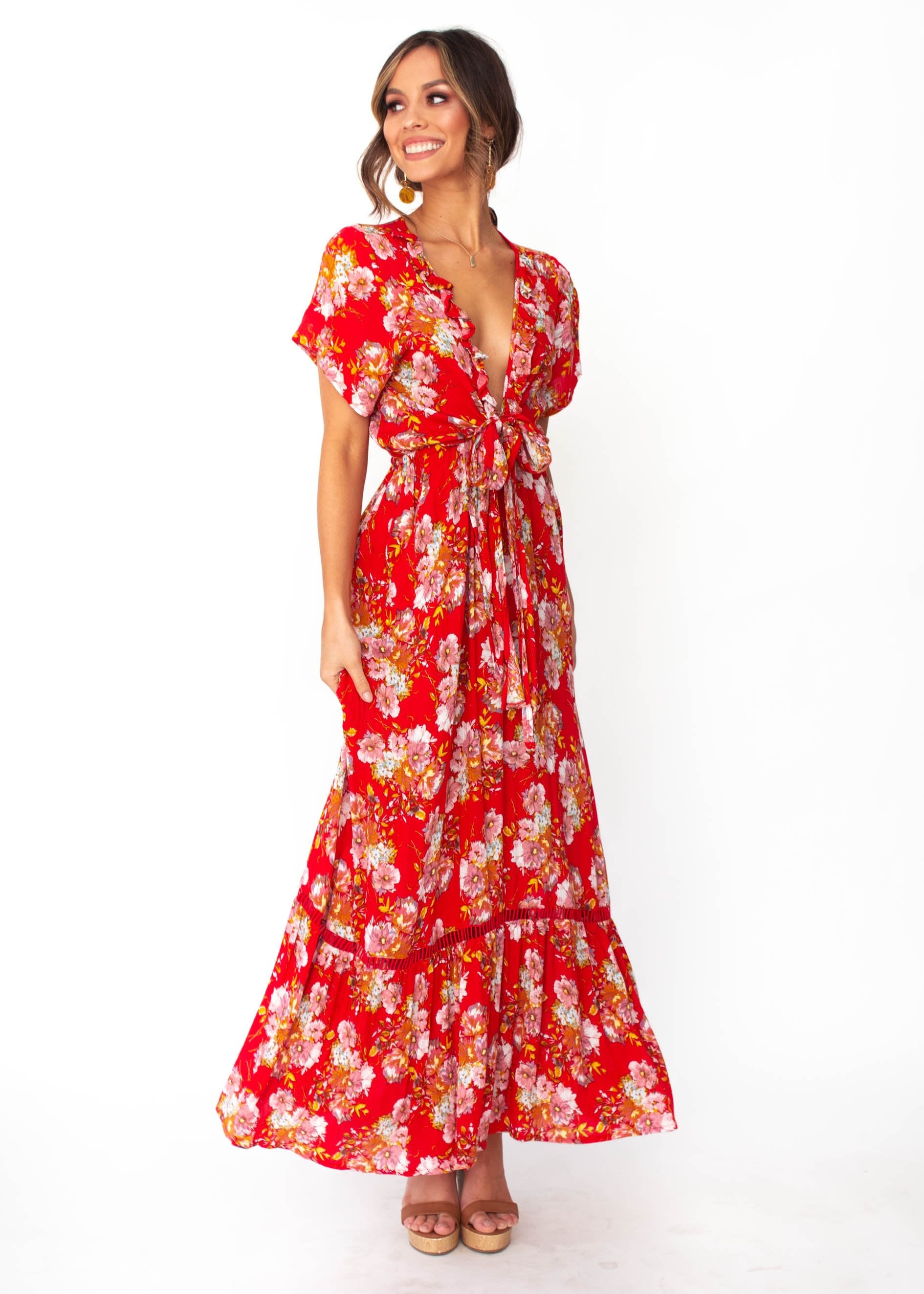 Mabel Tie Maxi Dress - Red Floral
