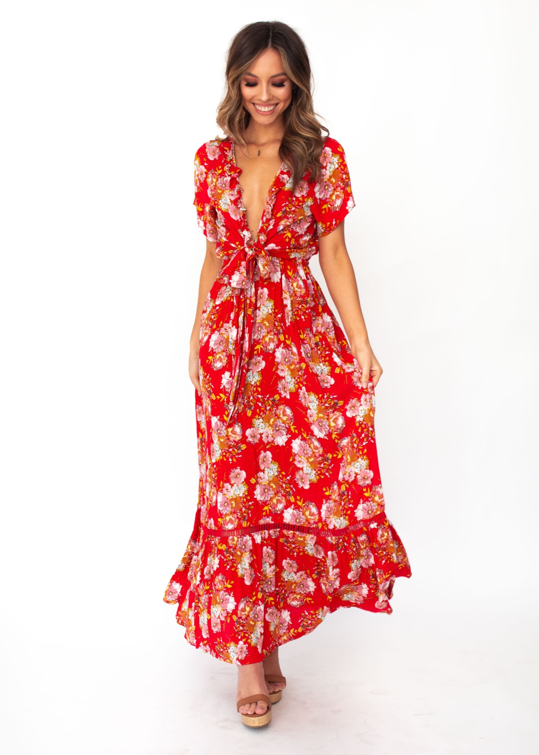 Mabel Tie Maxi Dress - Red Floral