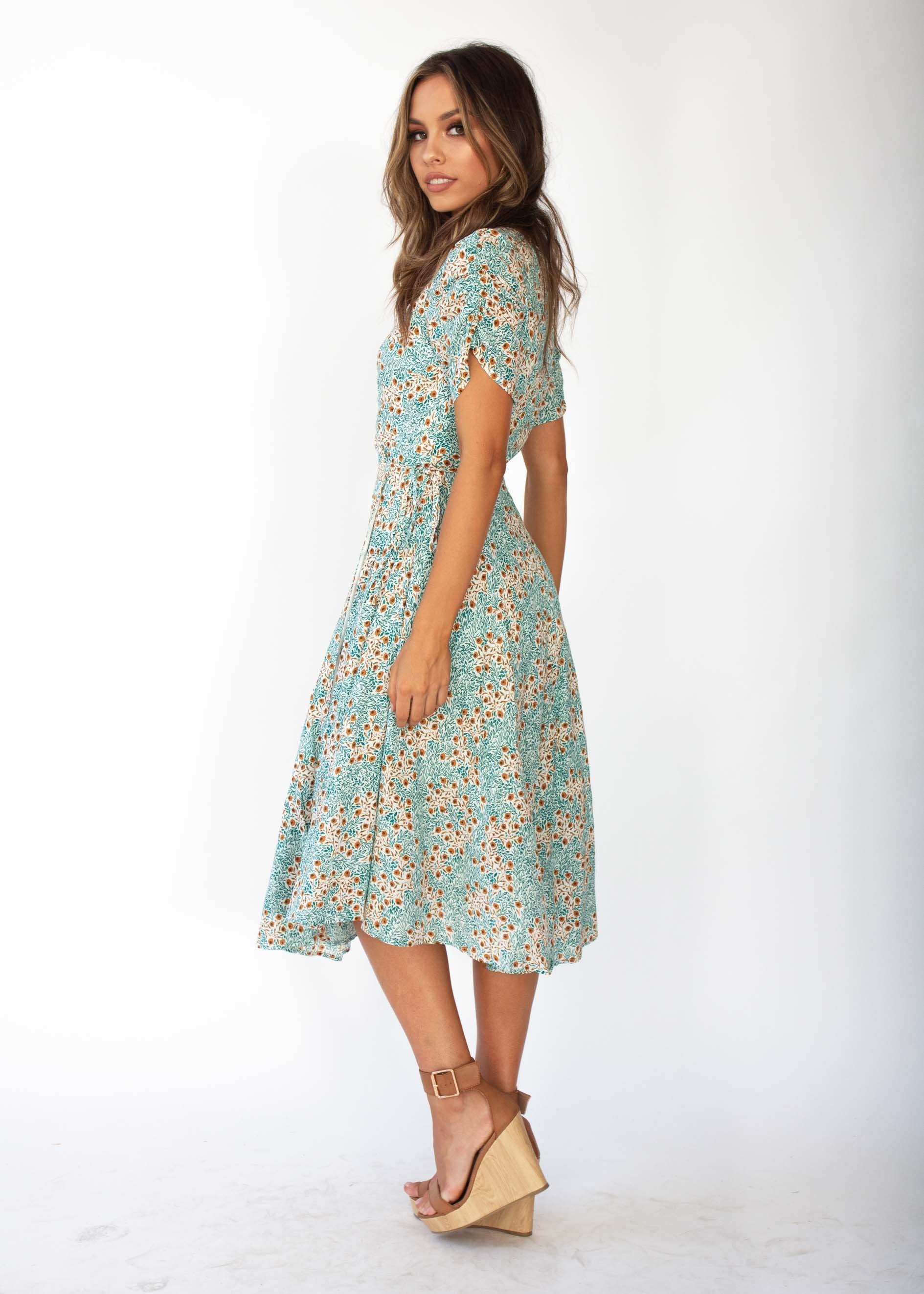 Summer Rain Wrap Midi Dress - Green Floral