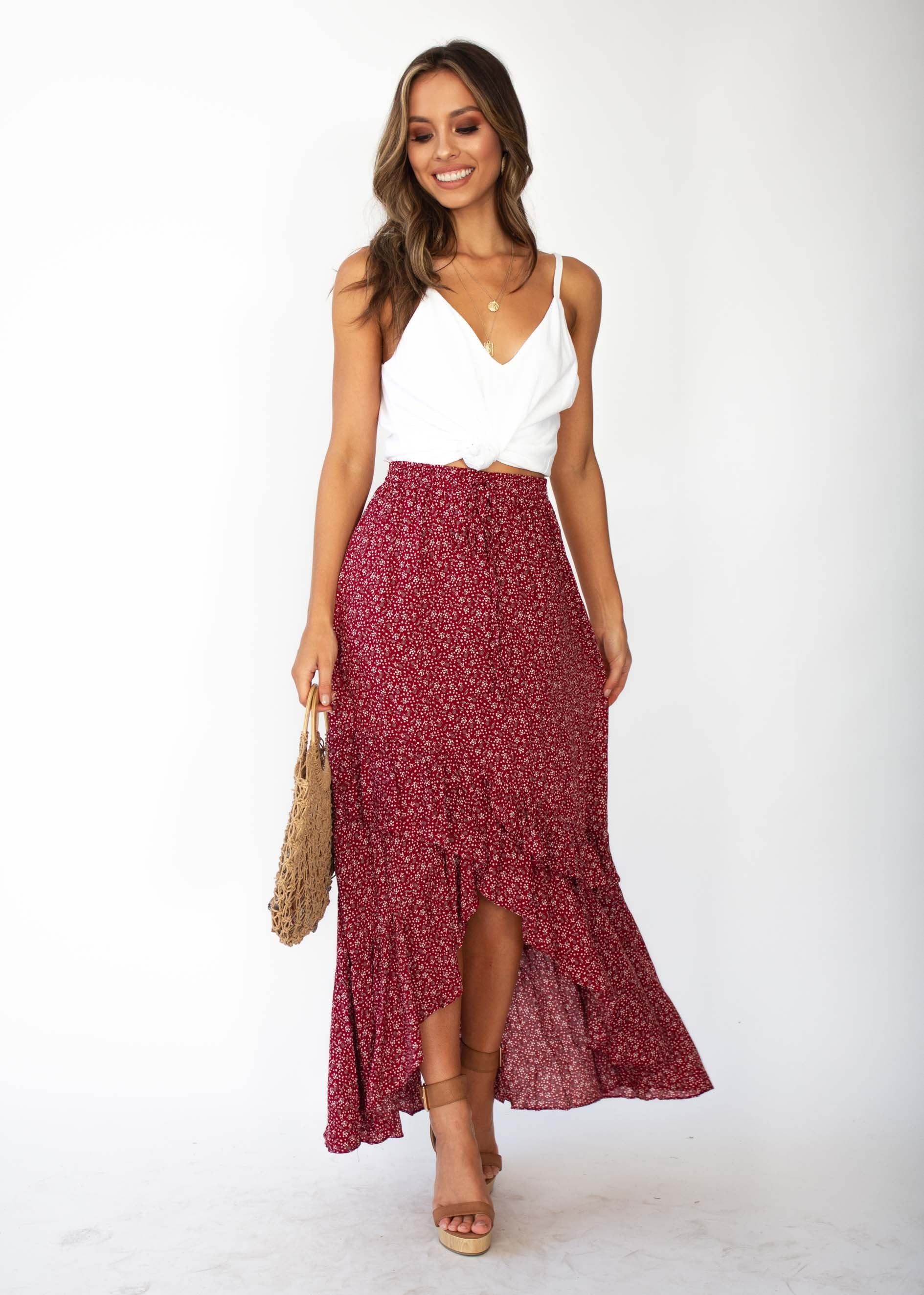 Boundless Blooms Maxi Hi-Lo Skirt - Red Floral