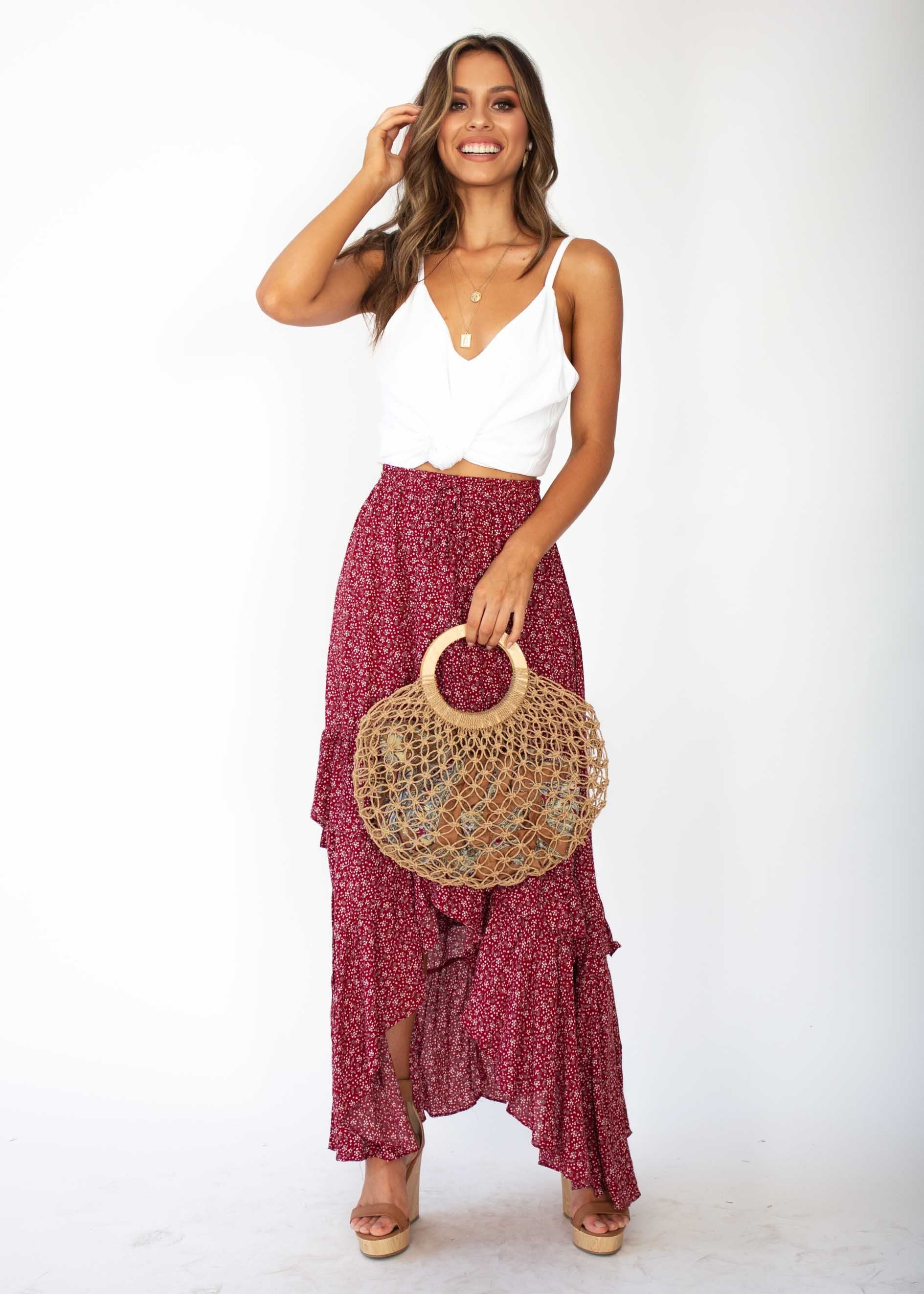 Boundless Blooms Maxi Hi-Lo Skirt - Red Floral