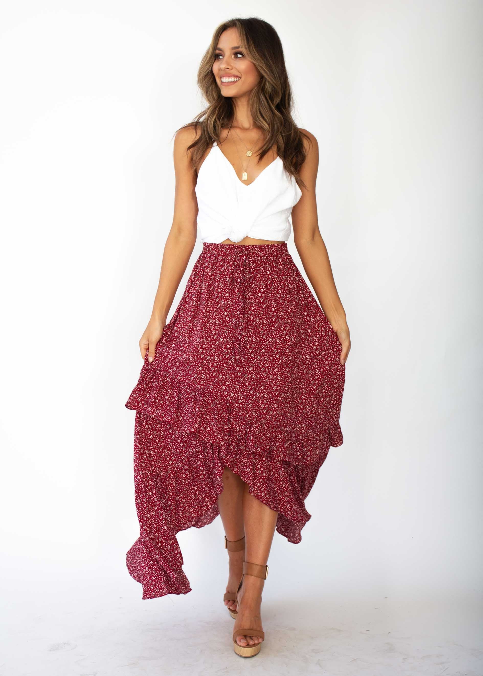 Boundless Blooms Maxi Hi-Lo Skirt - Red Floral