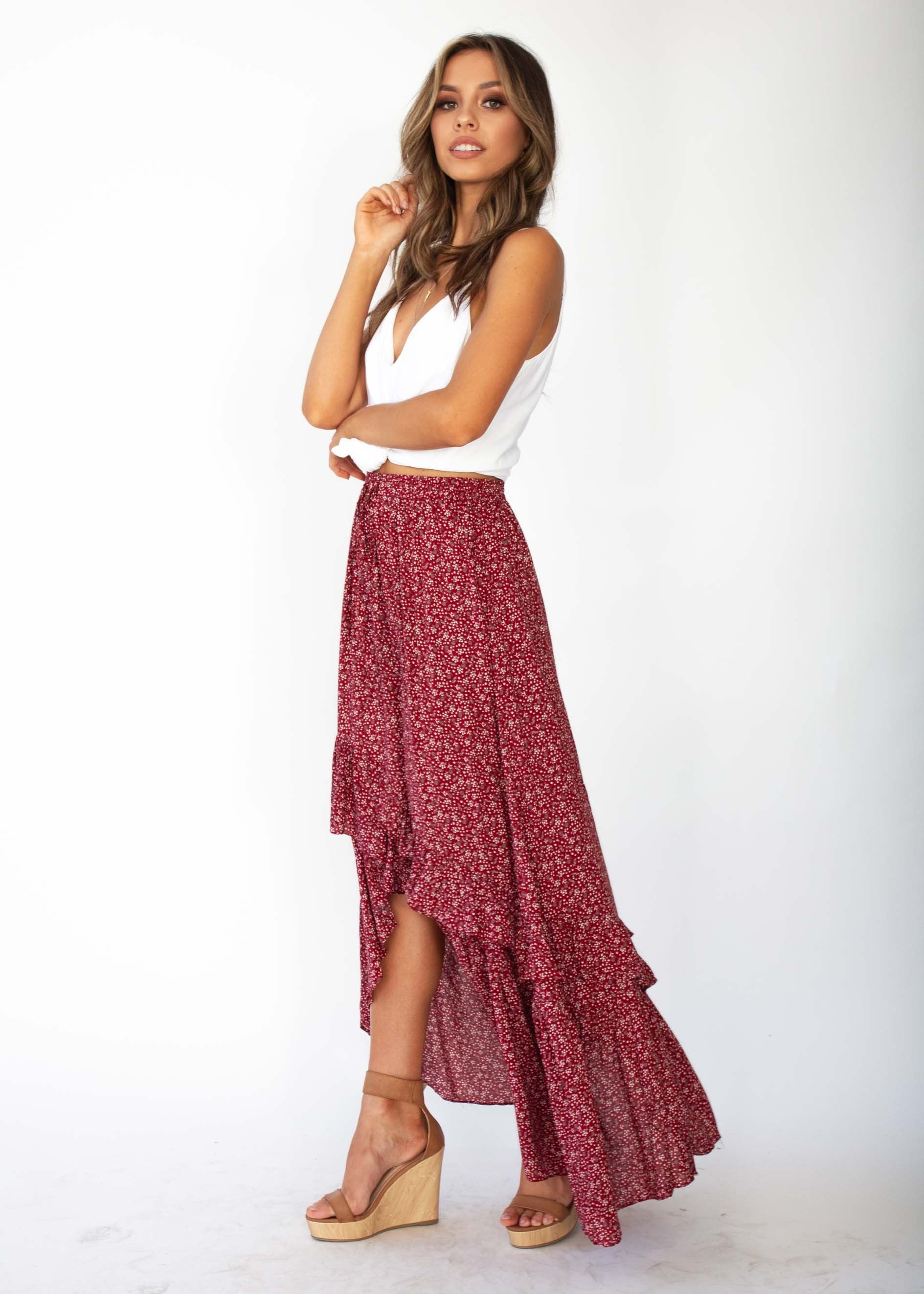 Boundless Blooms Maxi Hi-Lo Skirt - Red Floral