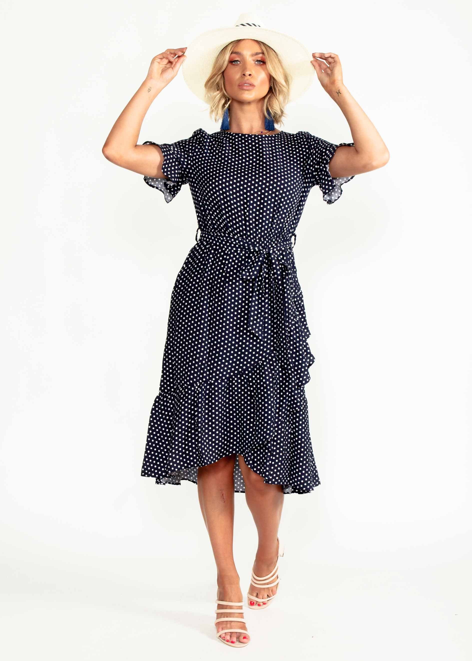 Out From Under Midi Dress w/ Tie - Navy Polka