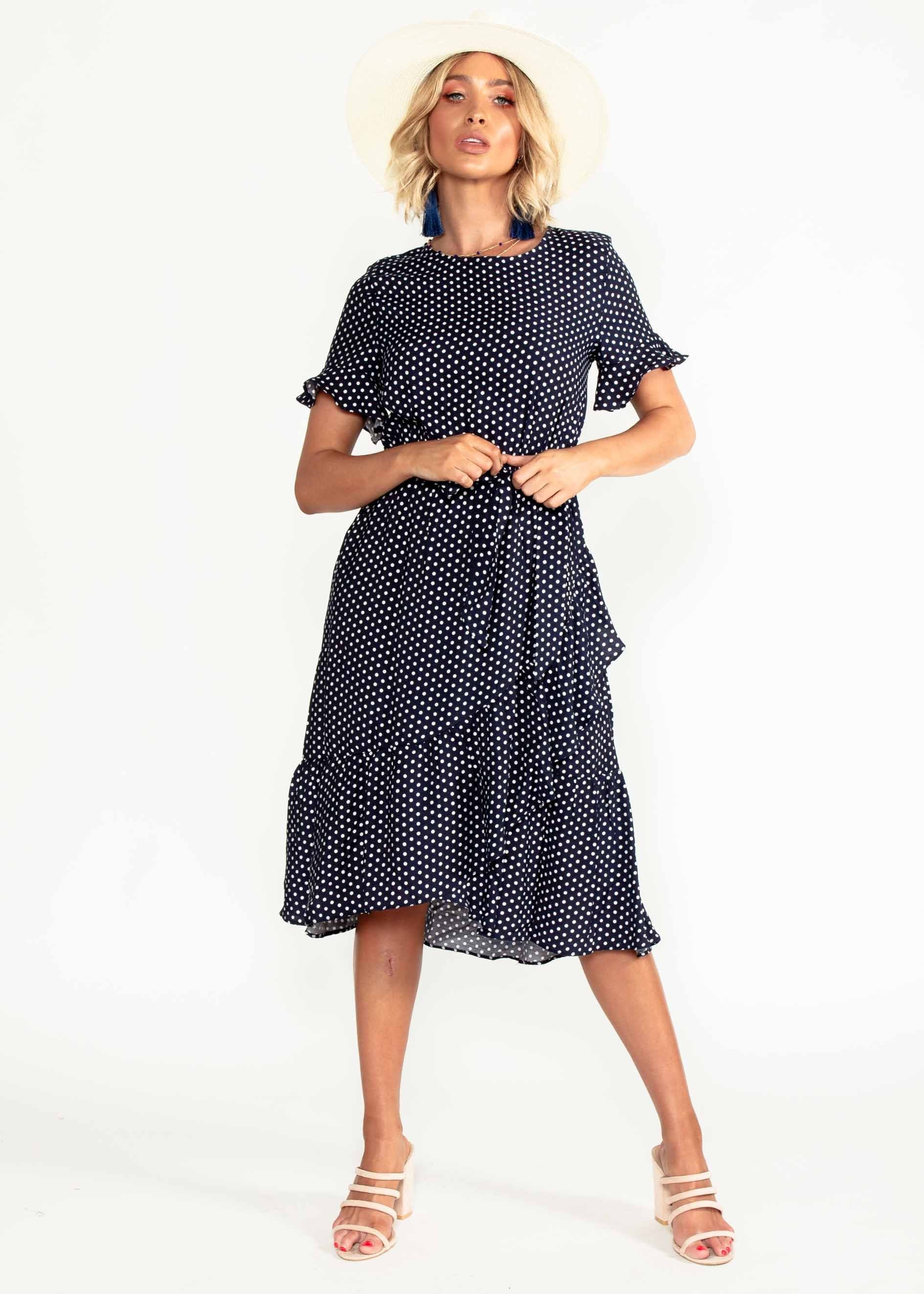 Out From Under Midi Dress w/ Tie - Navy Polka