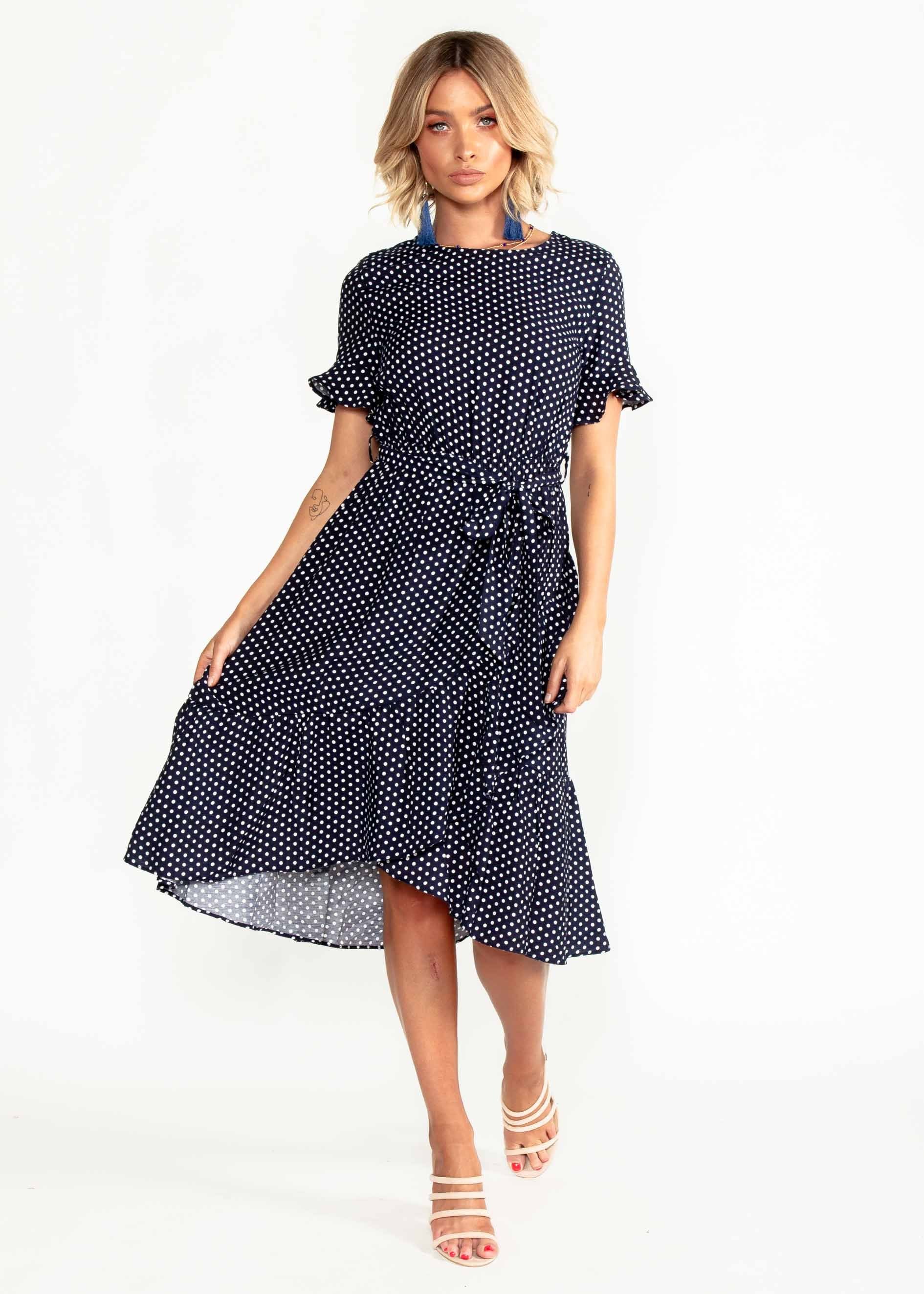 Out From Under Midi Dress w/ Tie - Navy Polka