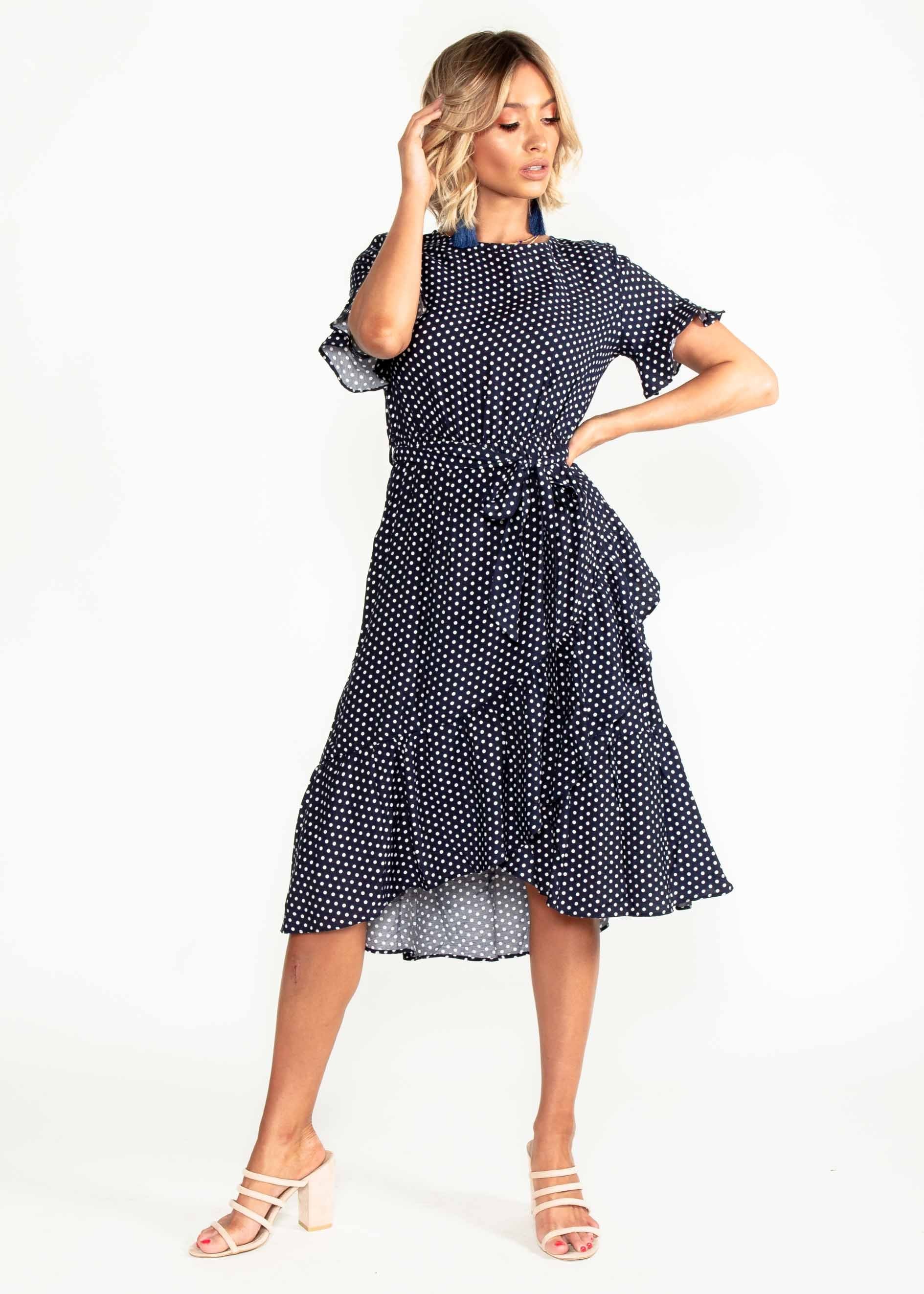 Out From Under Midi Dress w/ Tie - Navy Polka