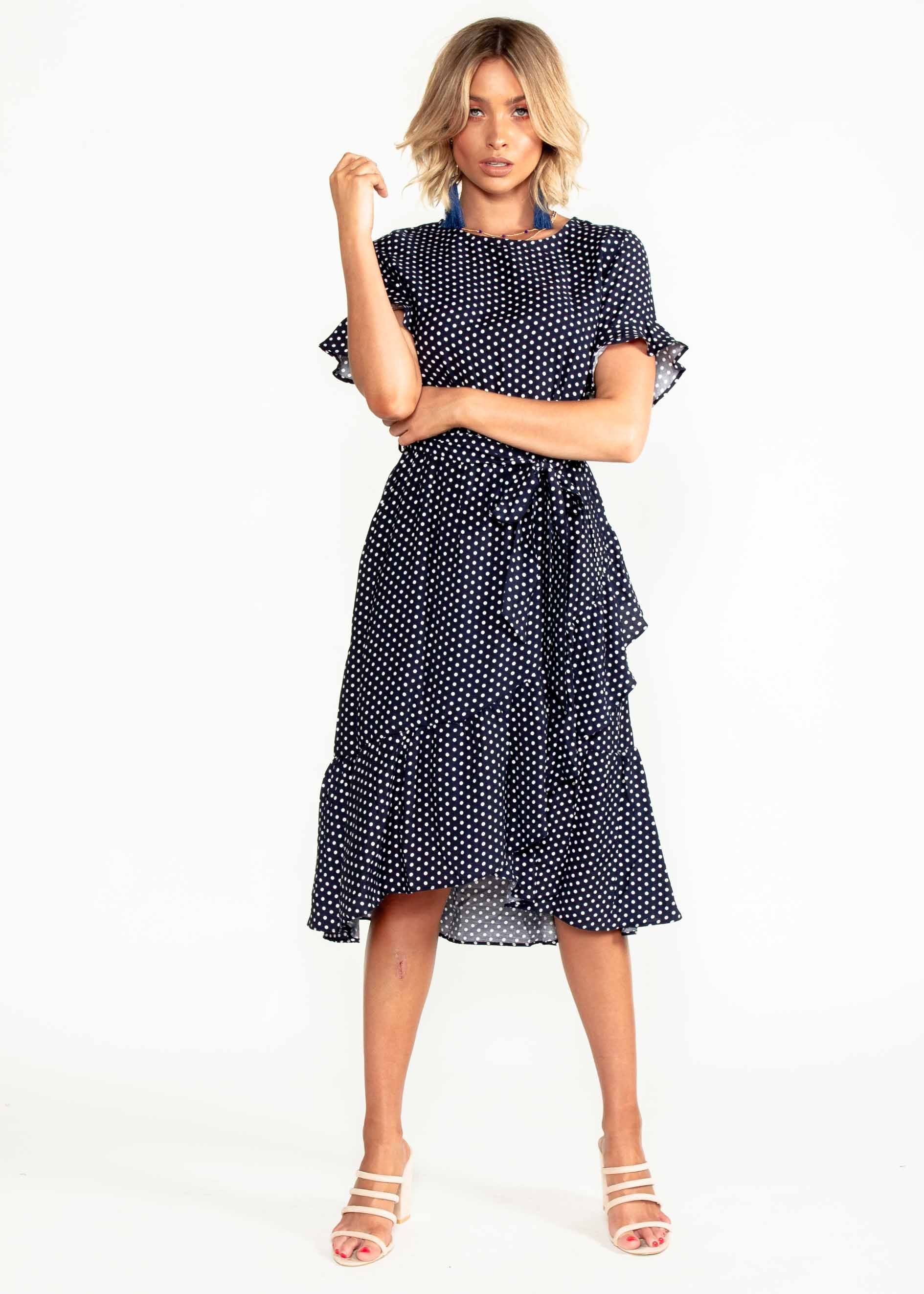 Out From Under Midi Dress w/ Tie - Navy Polka