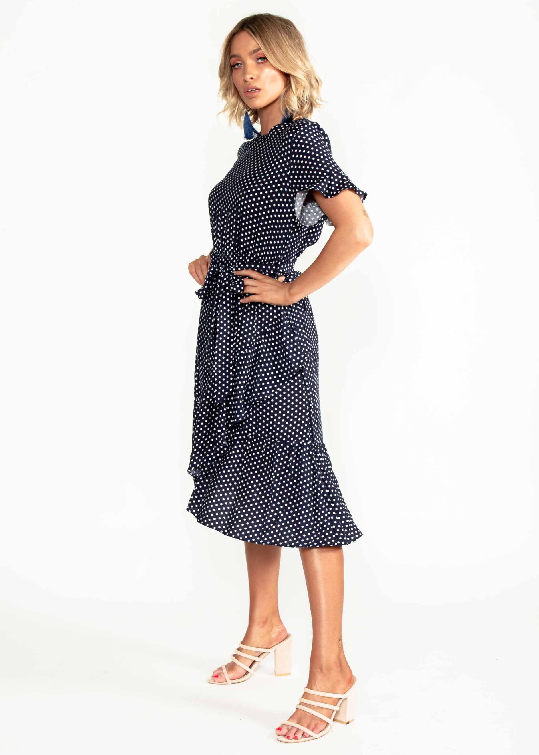 Out From Under Midi Dress w/ Tie - Navy Polka
