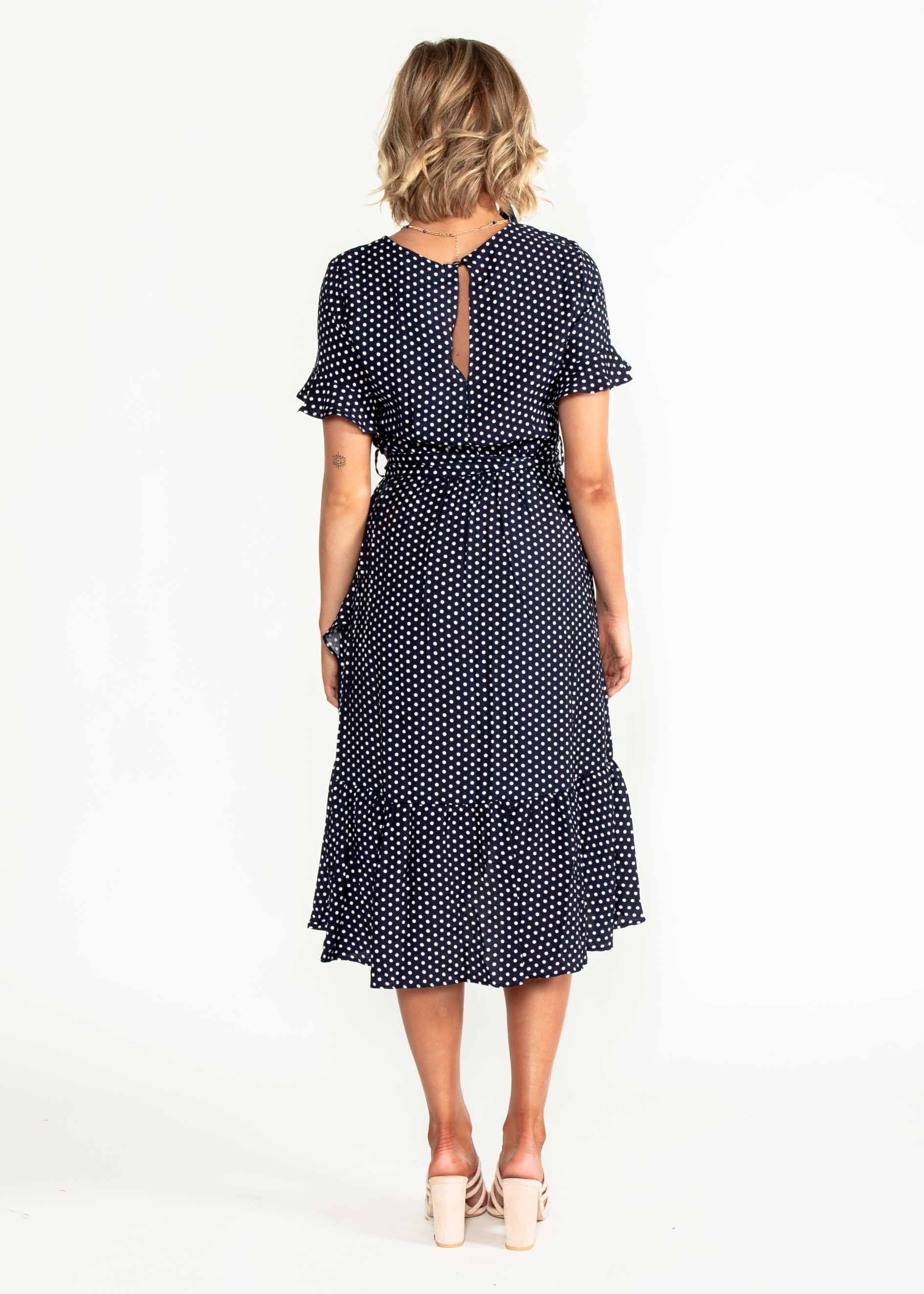 Out From Under Midi Dress w/ Tie - Navy Polka