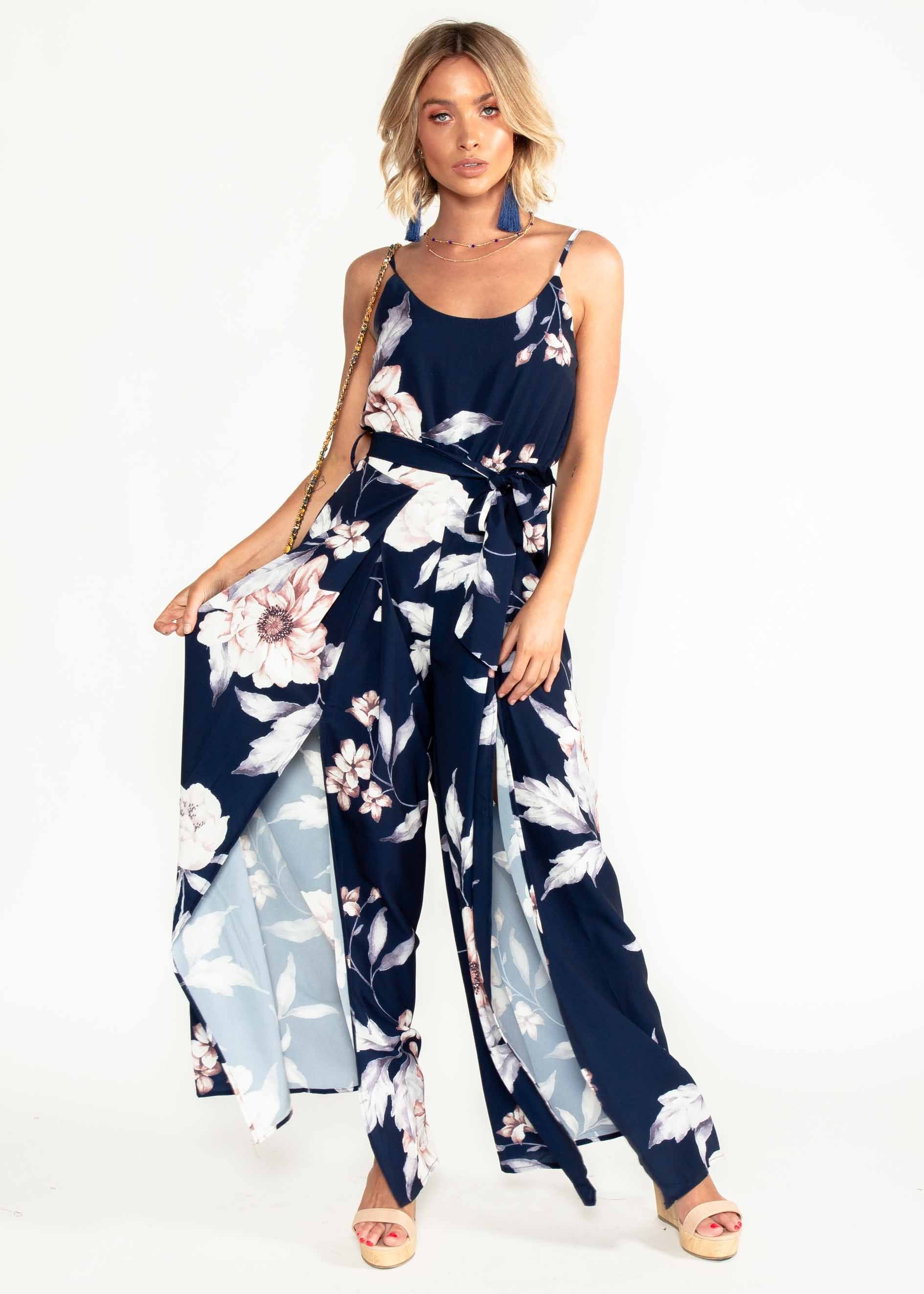 Electric Feeling Pantsuit w/ Tie - Navy Floral