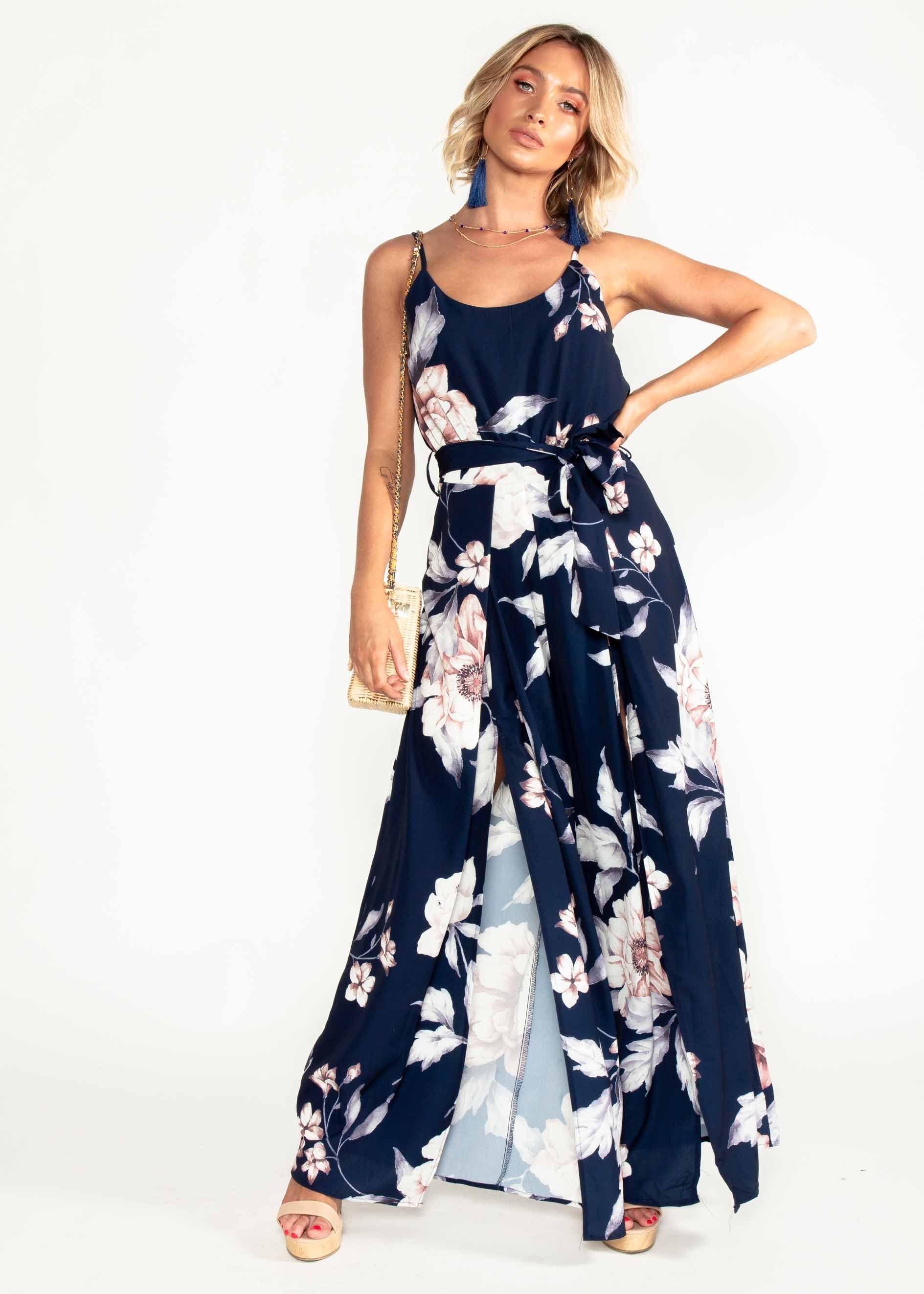 Electric Feeling Pantsuit w/ Tie - Navy Floral