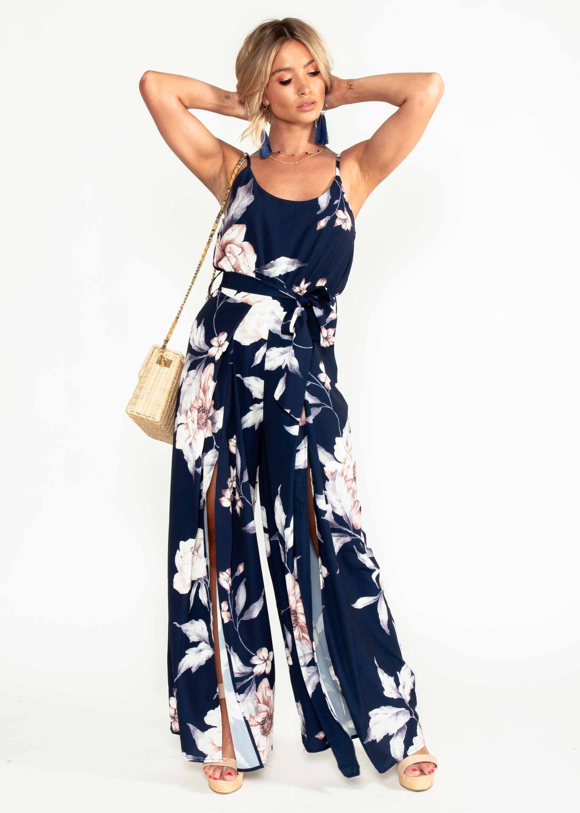 Electric Feeling Pantsuit w/ Tie - Navy Floral