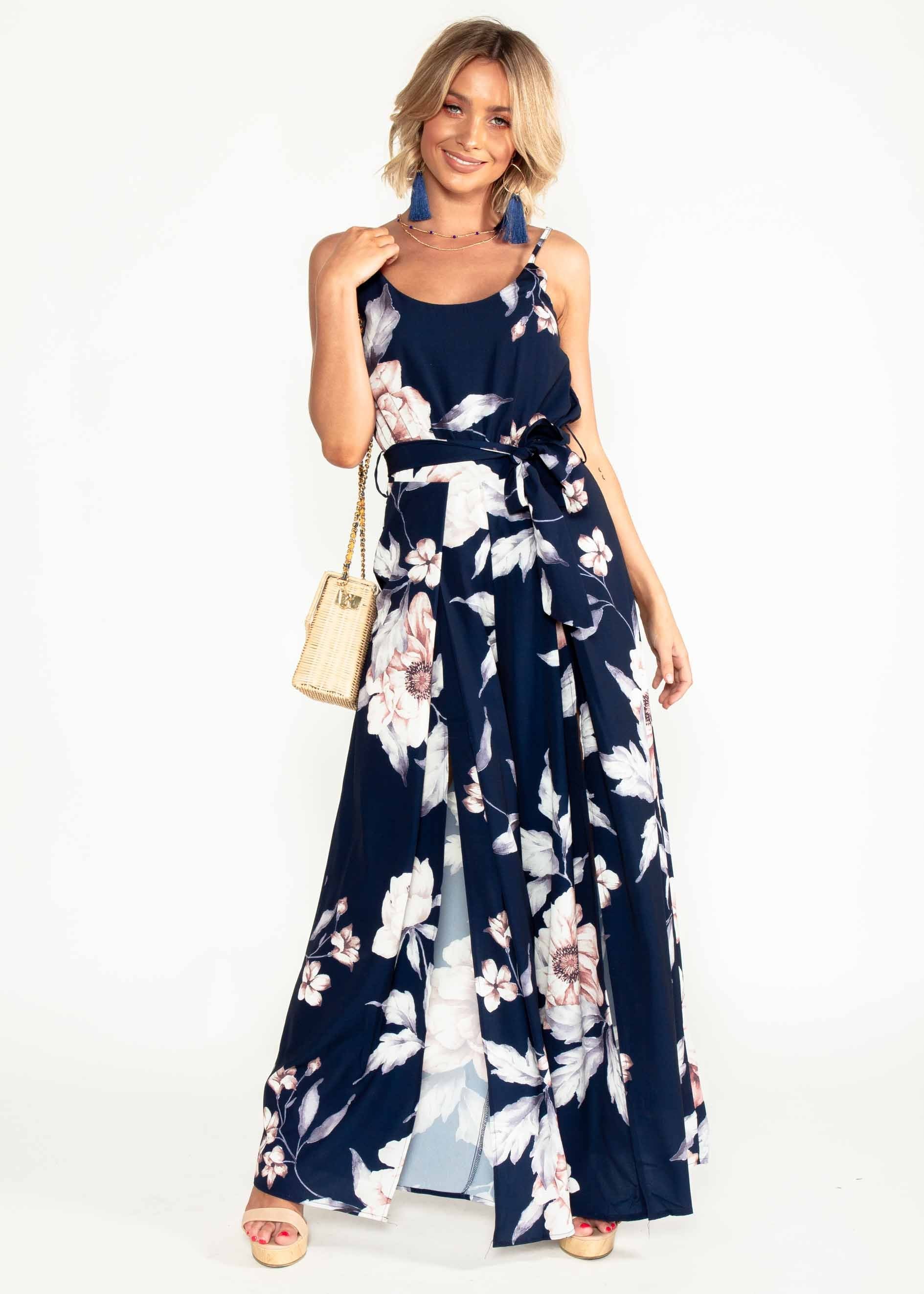 Electric Feeling Pantsuit w/ Tie - Navy Floral