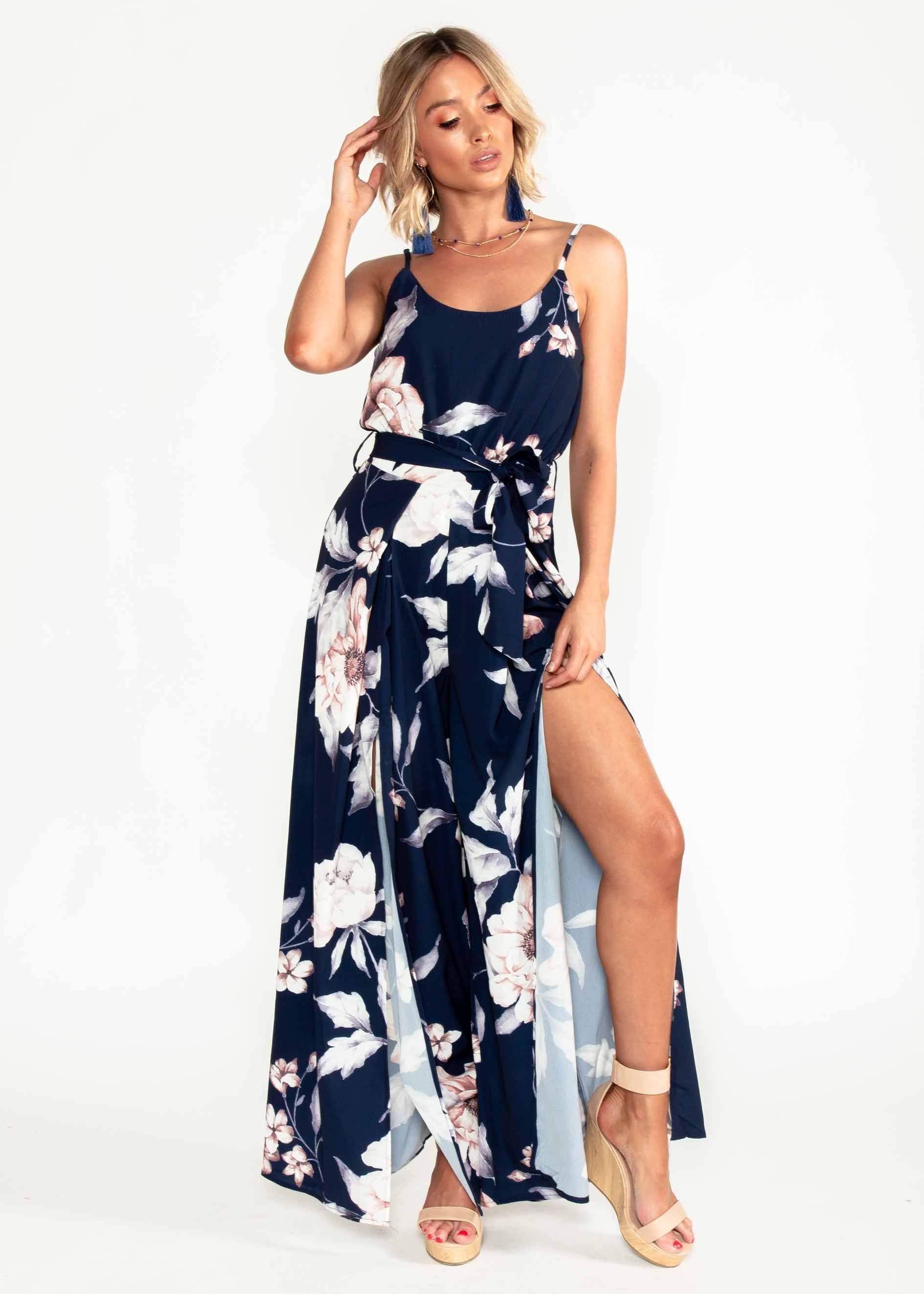 Electric Feeling Pantsuit w/ Tie - Navy Floral