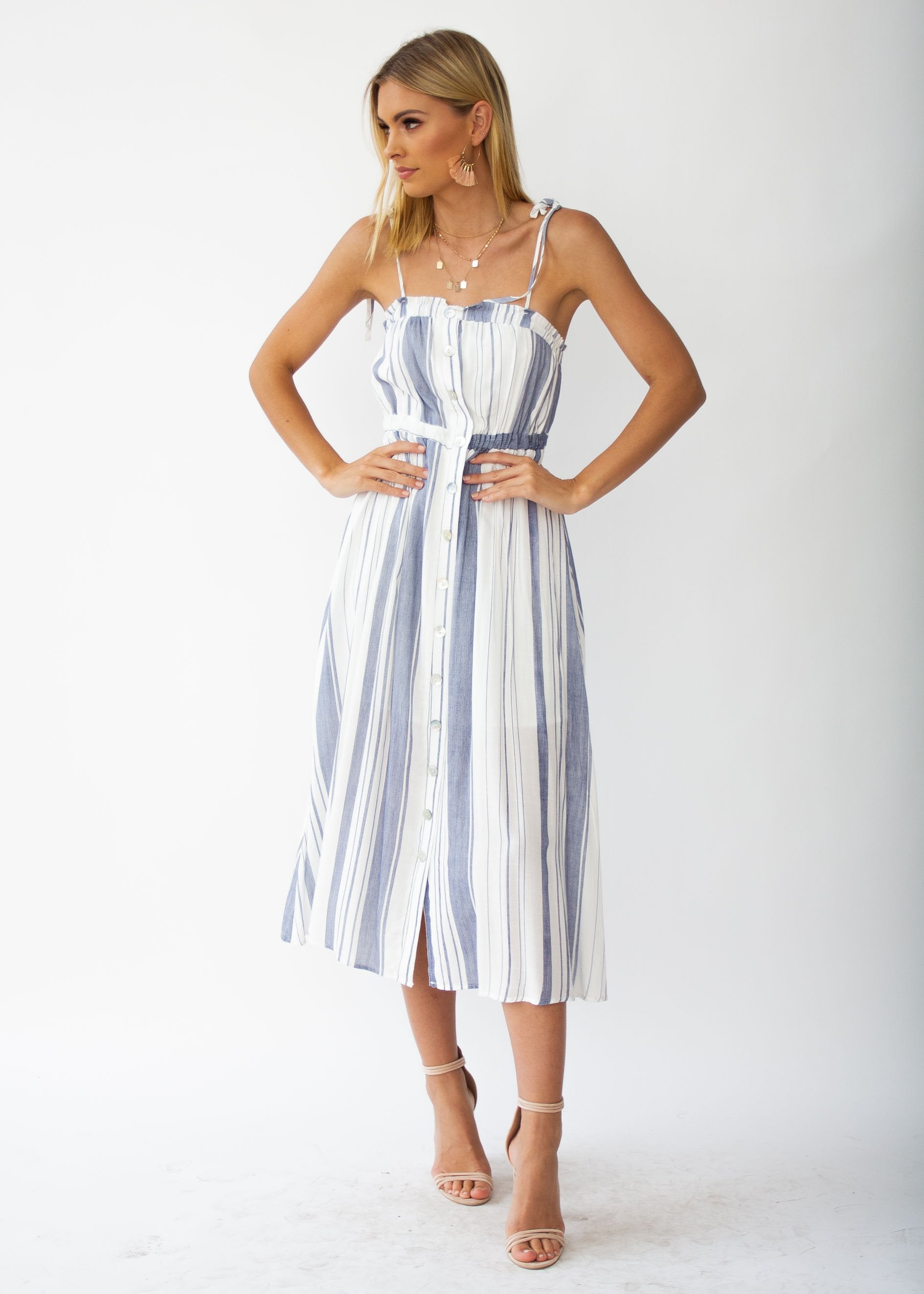 Addilyn Midi Dress - White/Blue Stripe