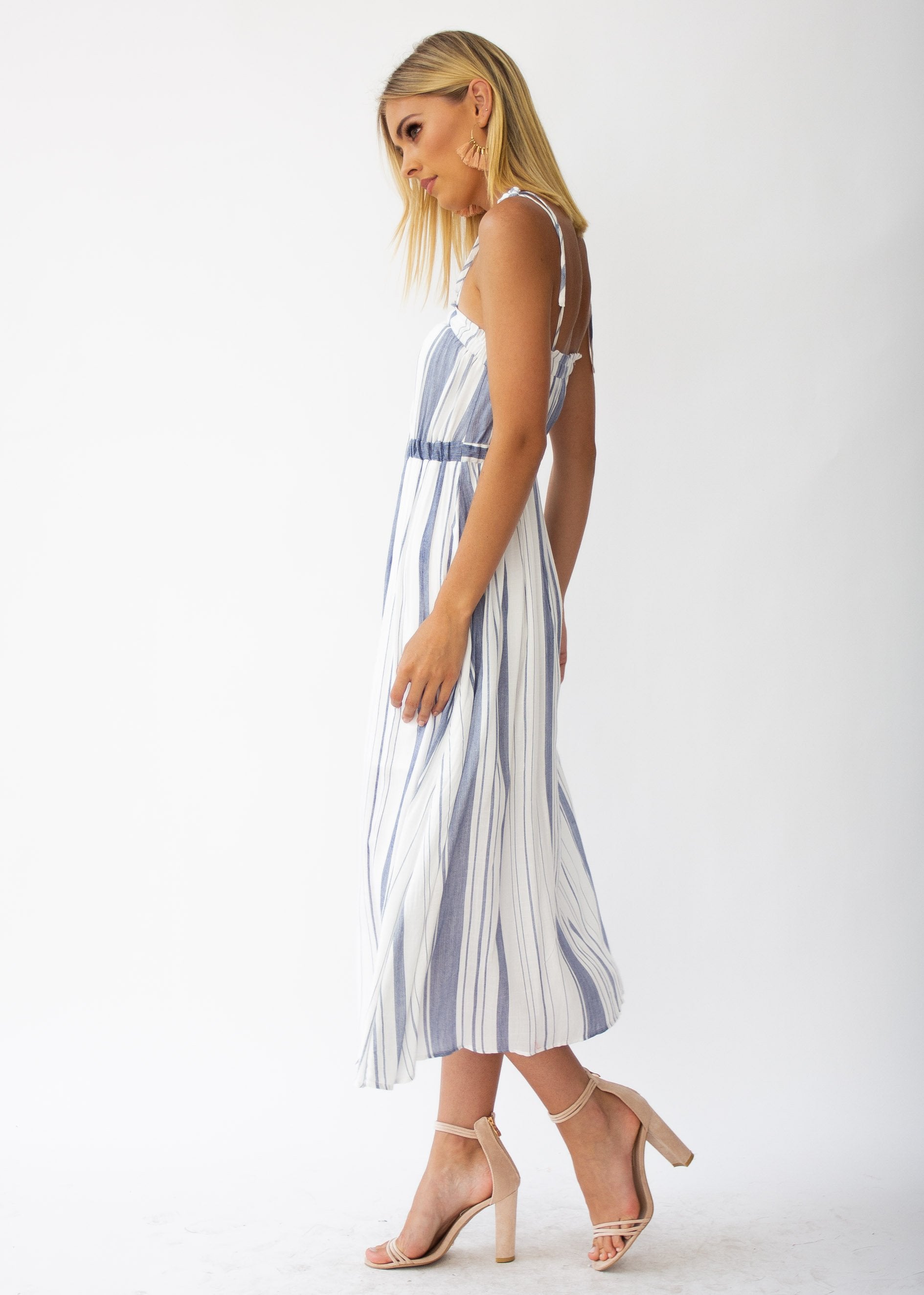 Addilyn Midi Dress - White/Blue Stripe