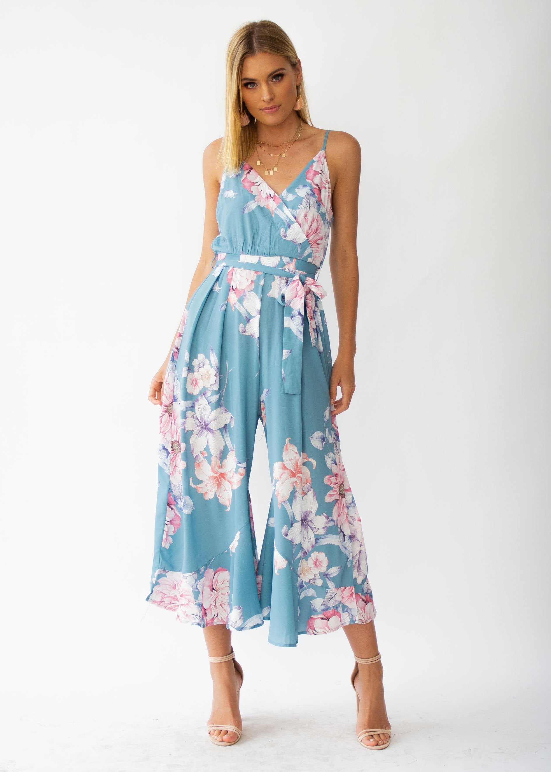 Hidden Hills Pantsuit w/ Tie - Teal Floral